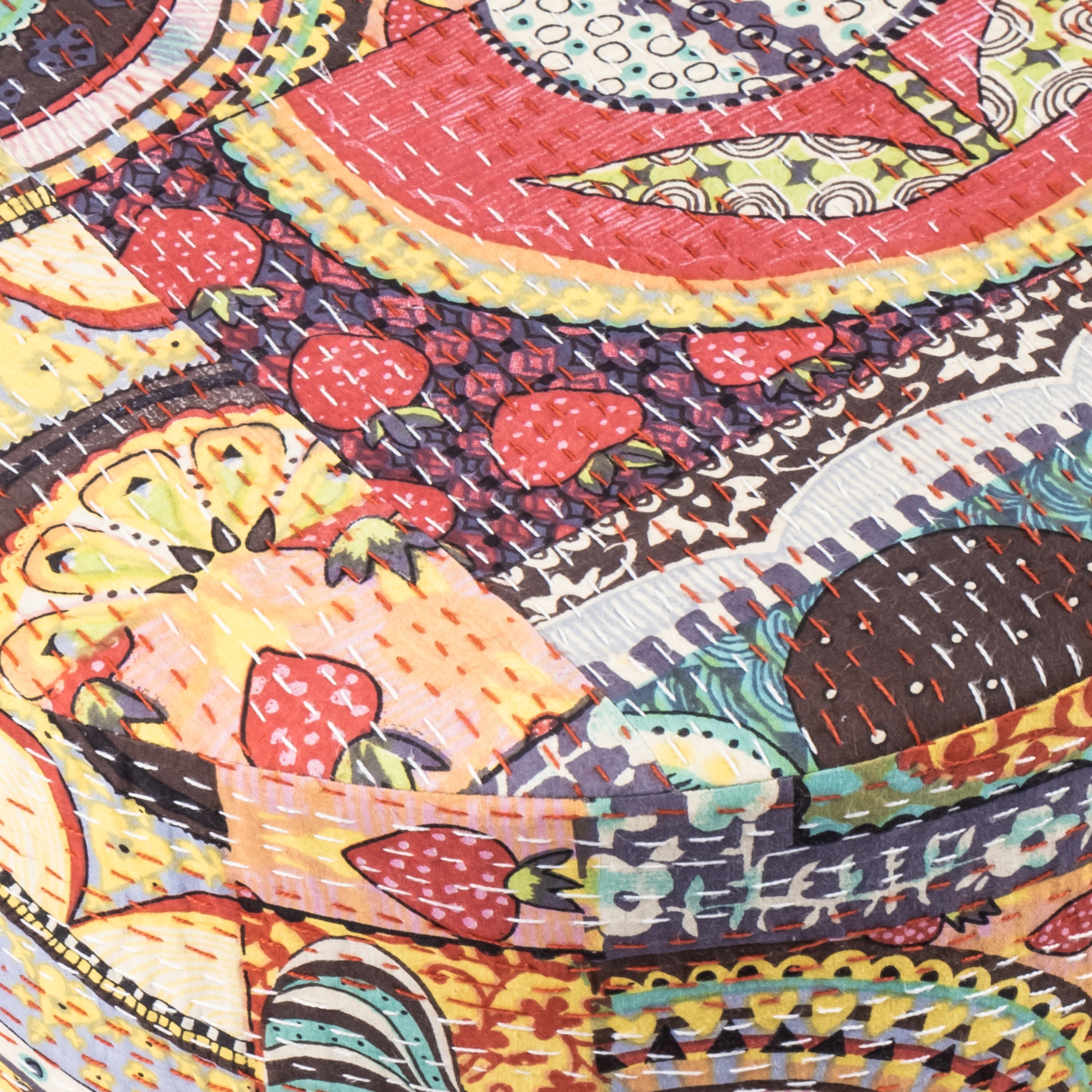 Collio Solid Wood Pouffee in Multicolour Patch Kantha Fabric