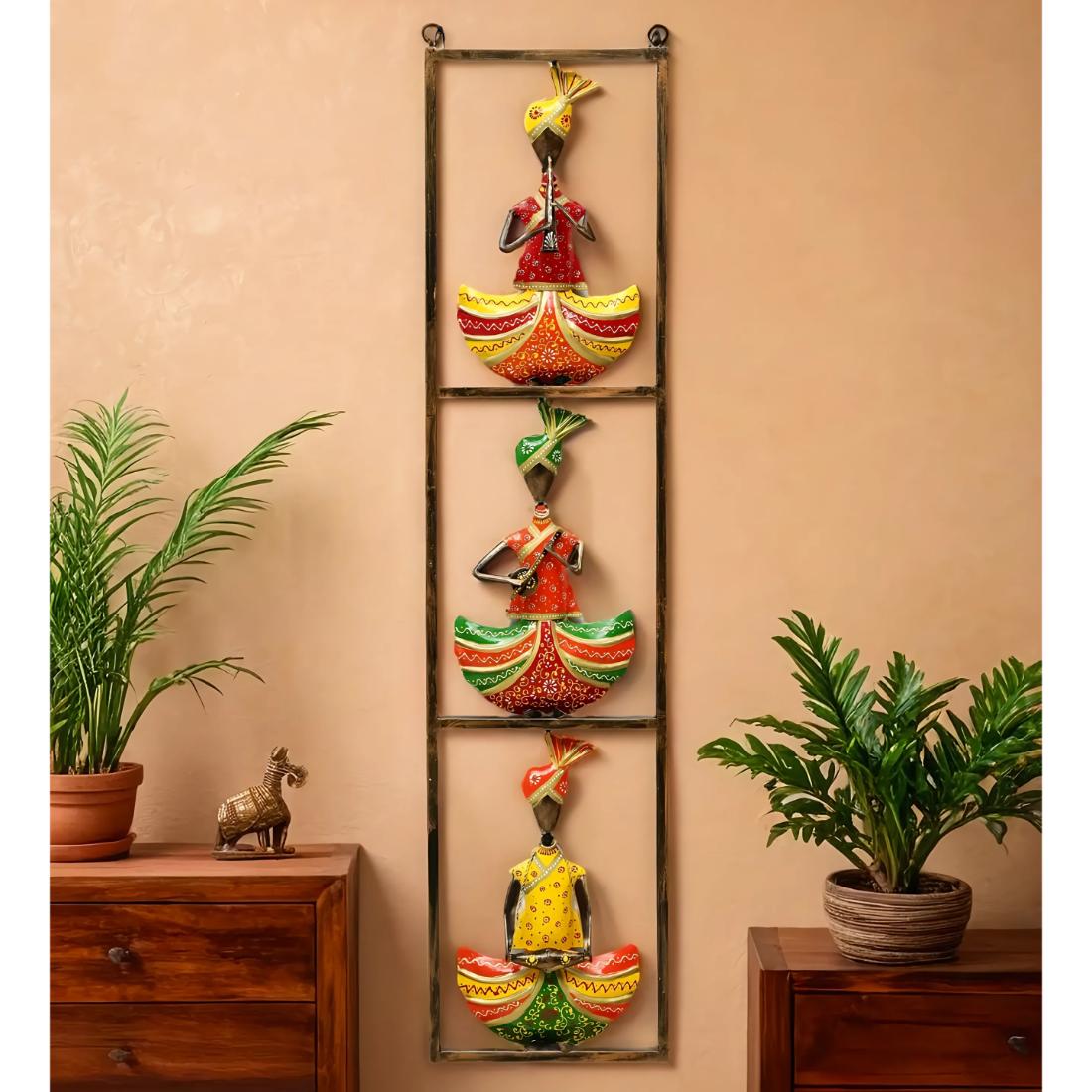 Desert Art Metal Handpainted Three Sardar Wall Hanging in Multicolour-image-3