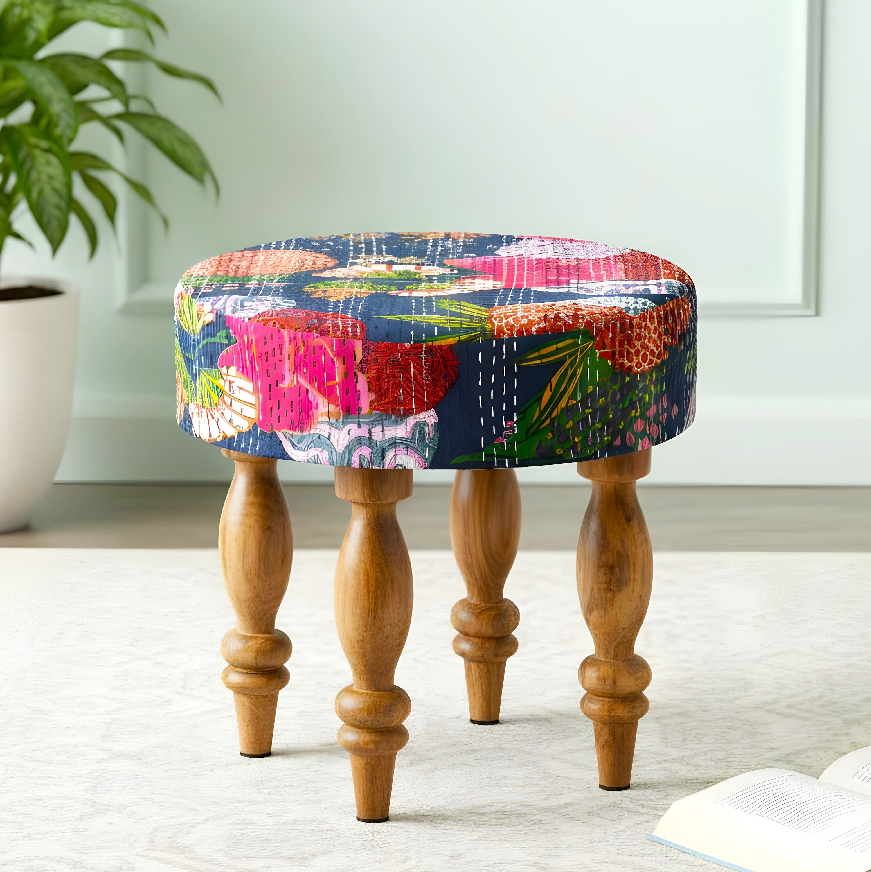 Roswell Sheesham Wood Mid Century Round Stool in Fruit Print Blue Kantha Upholstery