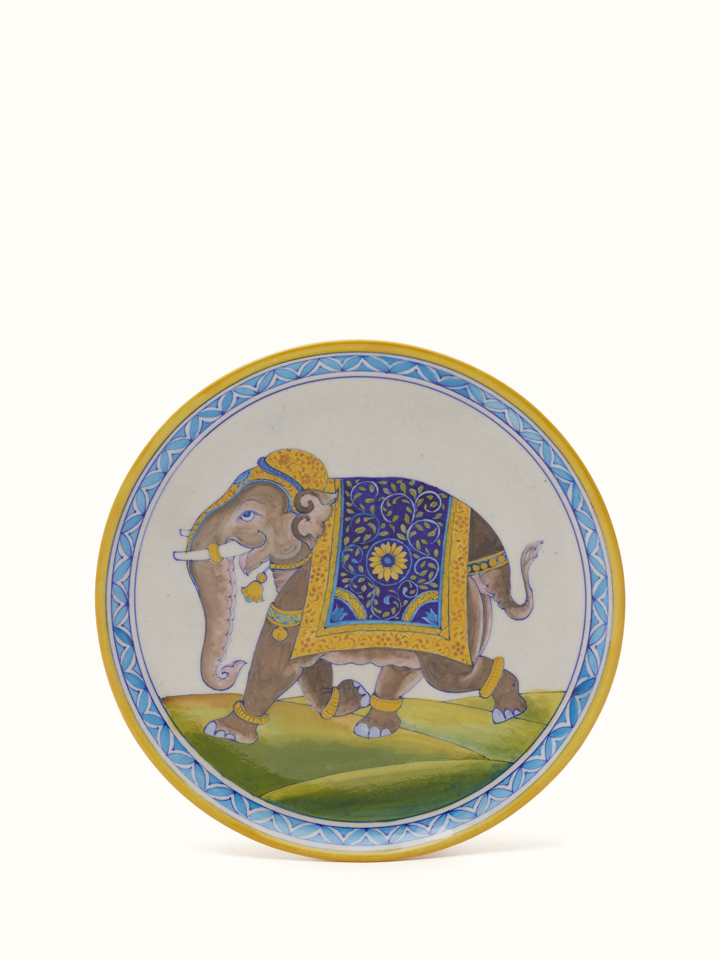 Front view of Blue pottery Rajasthani warrior elephant display plate highlighting the vibrant colors and detailed artwork