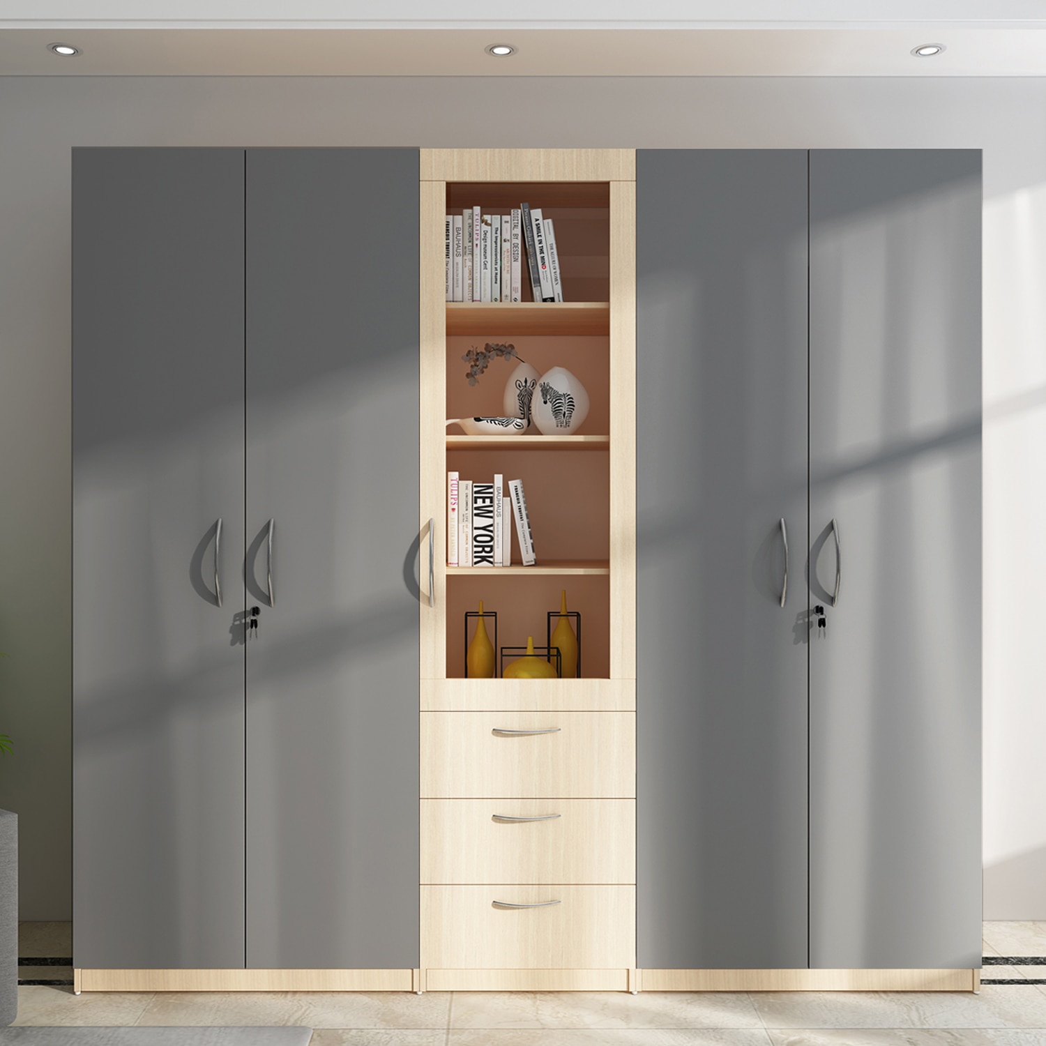 Tometrove Wardrobe Cum Bookcase Grey And Beige Teak - Woodbuzz