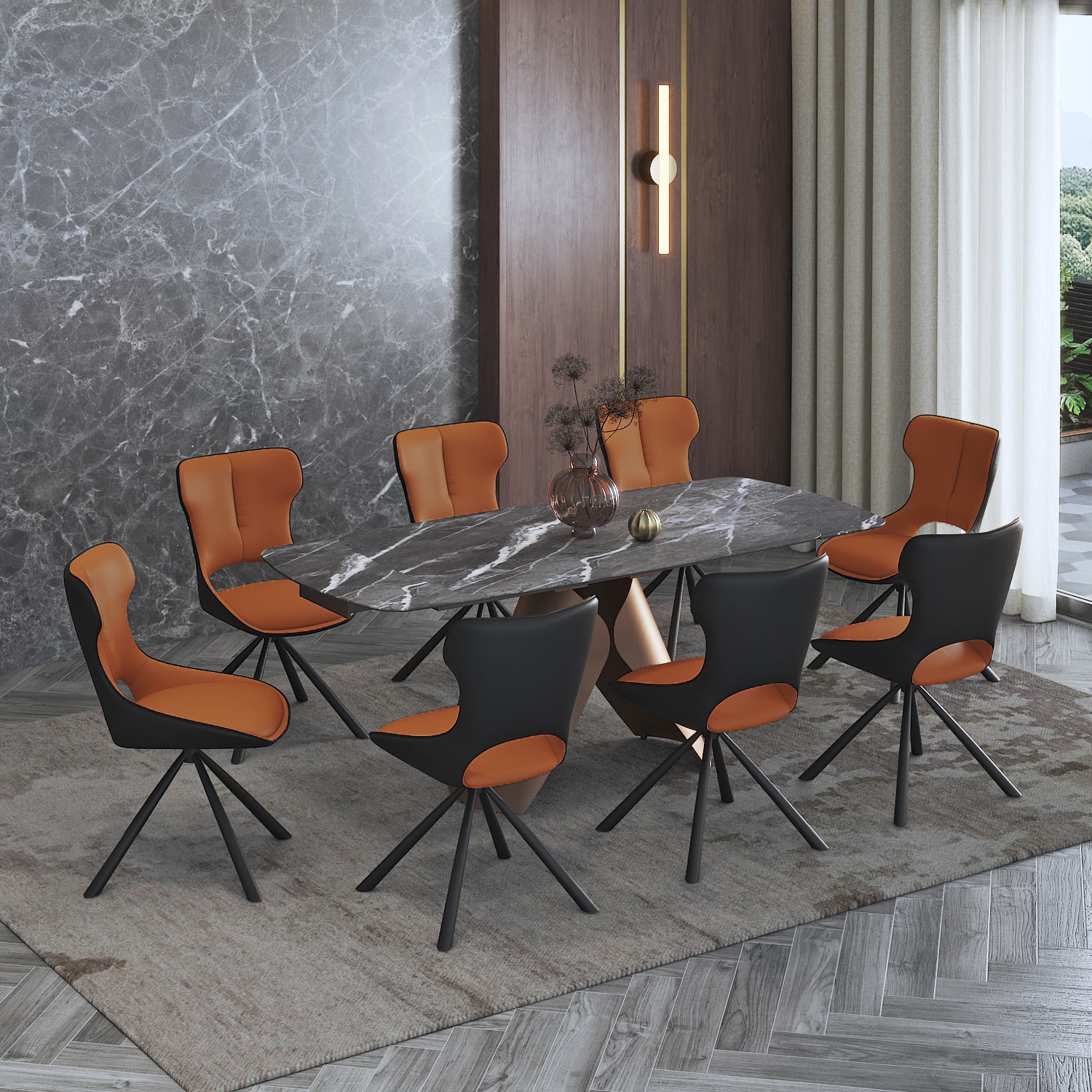 Aeris Ceramic 6 To 8 Seater Extendable Dining Table With 6 Tulip Dining Chairs (Finish : Black Jade, Chair Colour : Dual Tone)