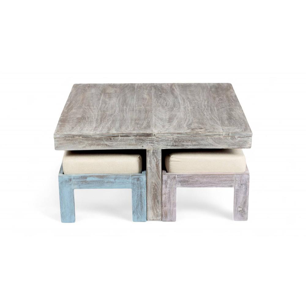 Blane Sheesham Wood Country Side Coffee Table Set With 4 Stools In Antique Multicolour Finish