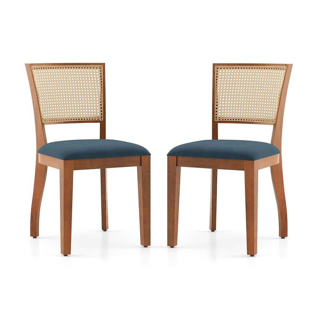 Reed Solid Wood Dining Chair Set Of 2 In Finish Amber Walnut And Colour Night Blue Velvet