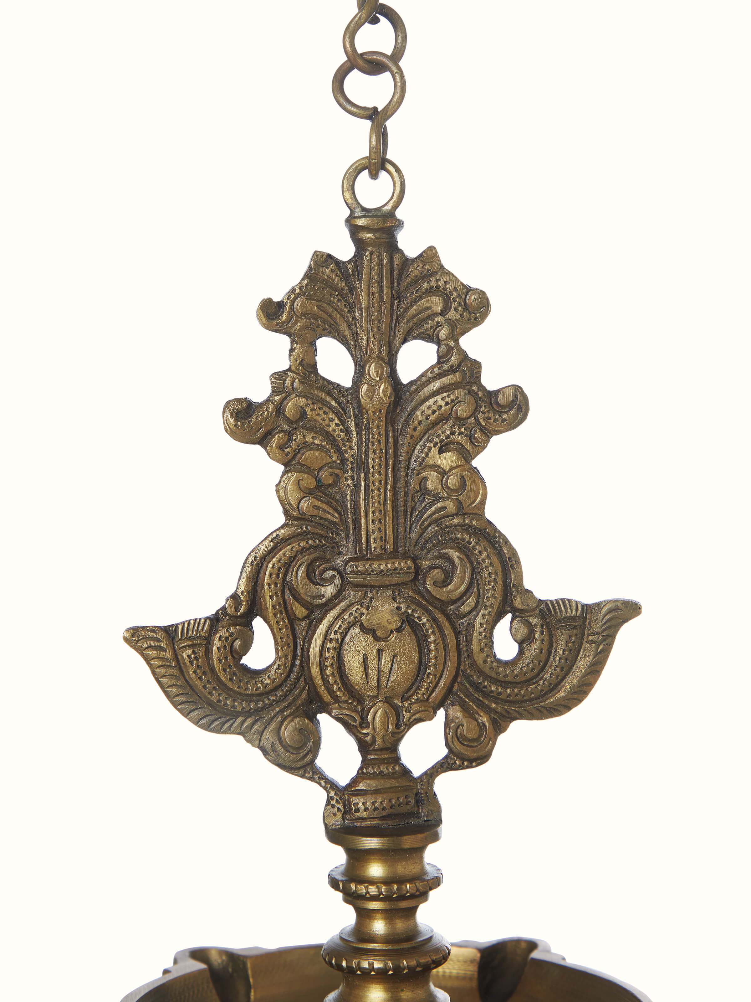 Artistic view of Polished Casting Hanging Diya, focusing on its decorative elements and shine