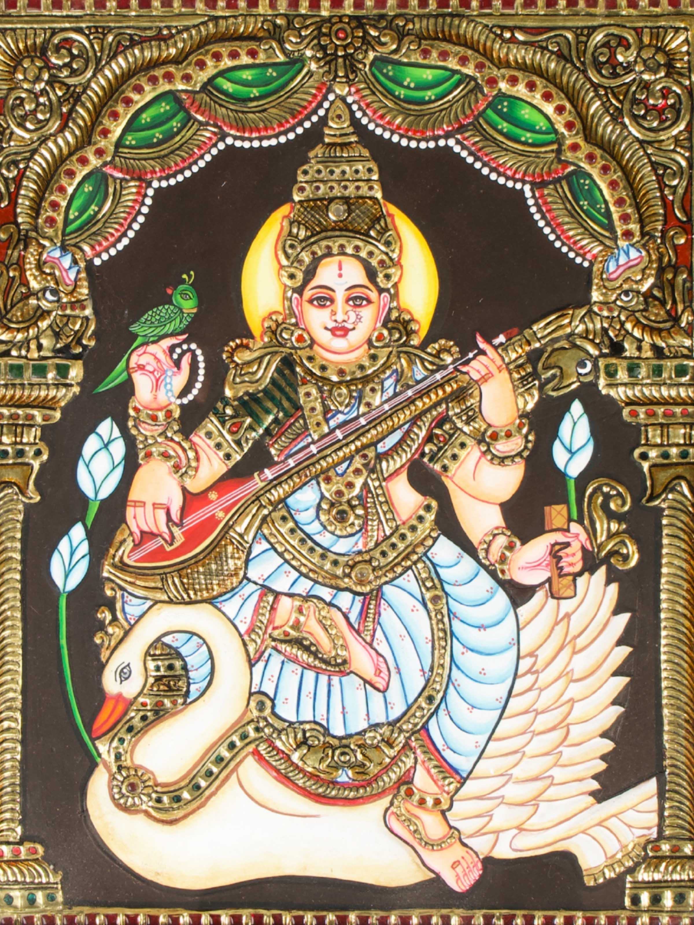 Saraswathi on Swan Thanjavur Painting
