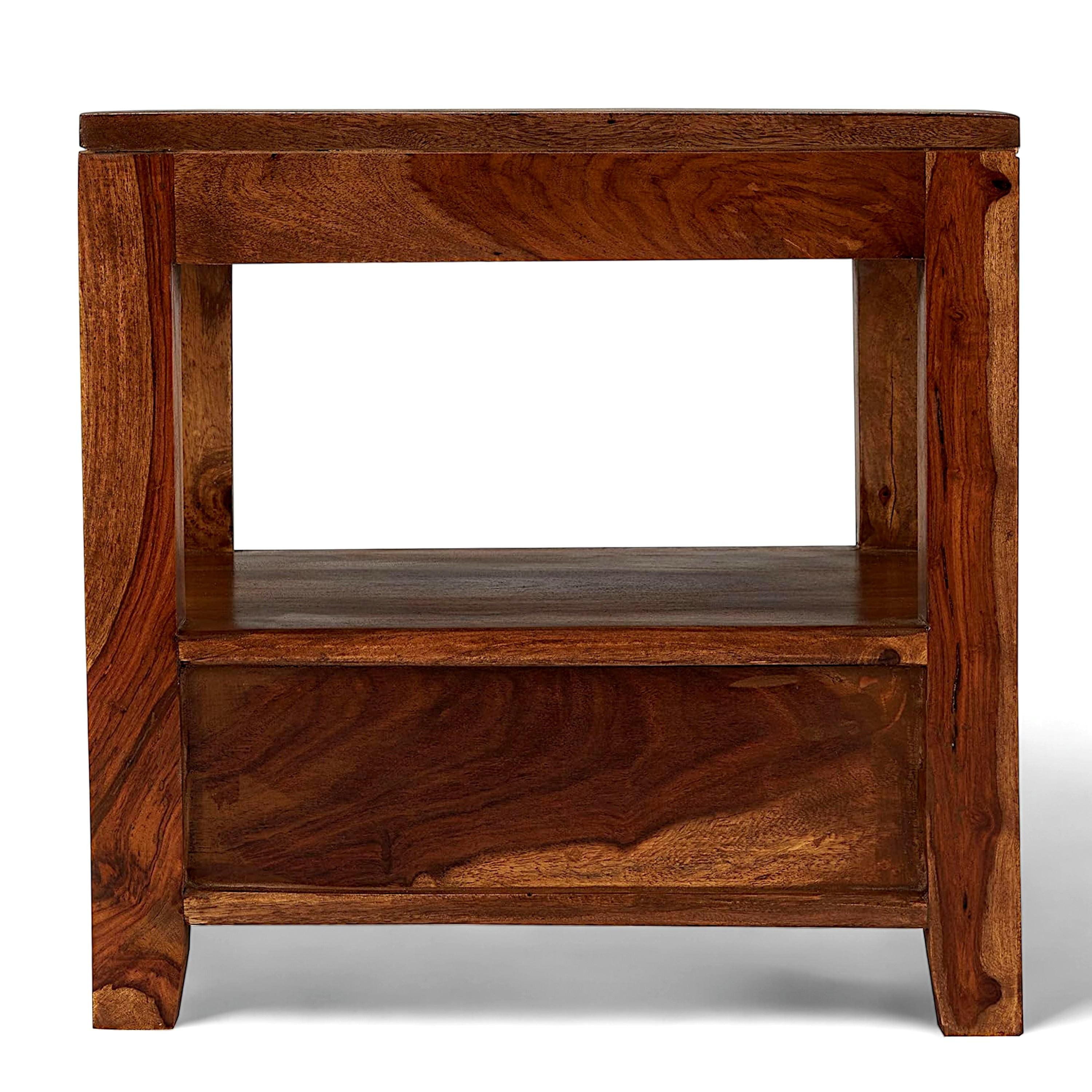 Kassel Sheesham Wood Contemporary Bedside Table End Table In Natural Teak Finish