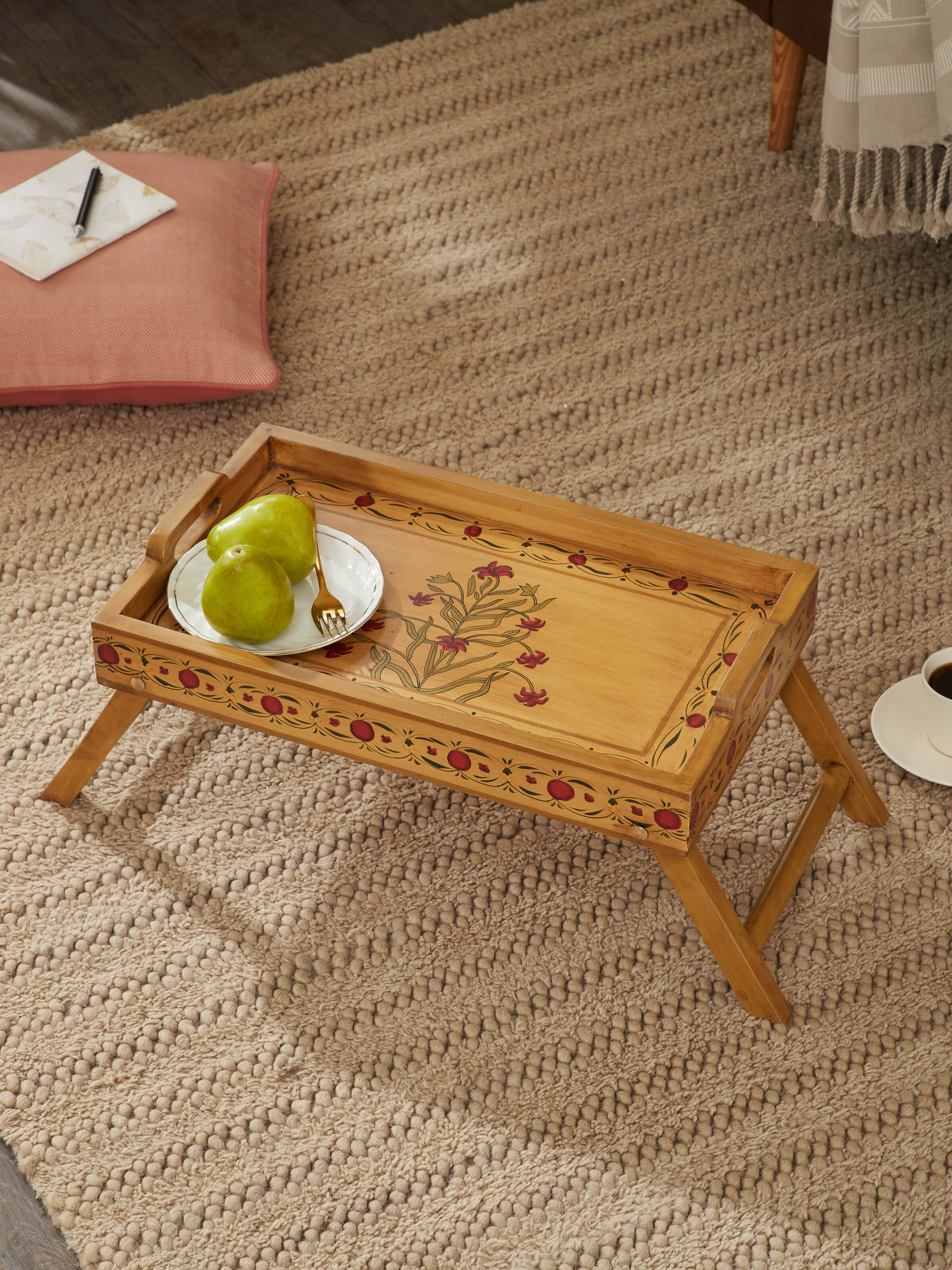 Side view of Miniature Painted Portable Rectangular Table displaying fine miniature artwork and portable wooden design.