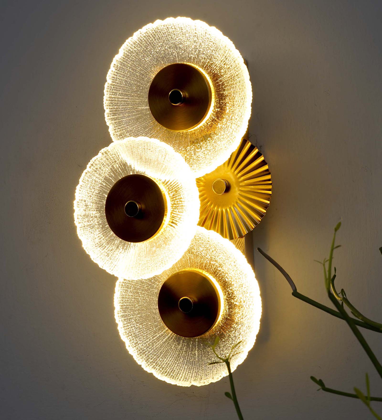 Zen Integrated 3 Light Led Wall Fitting In Brass Finish Metal With Frosted White Glass