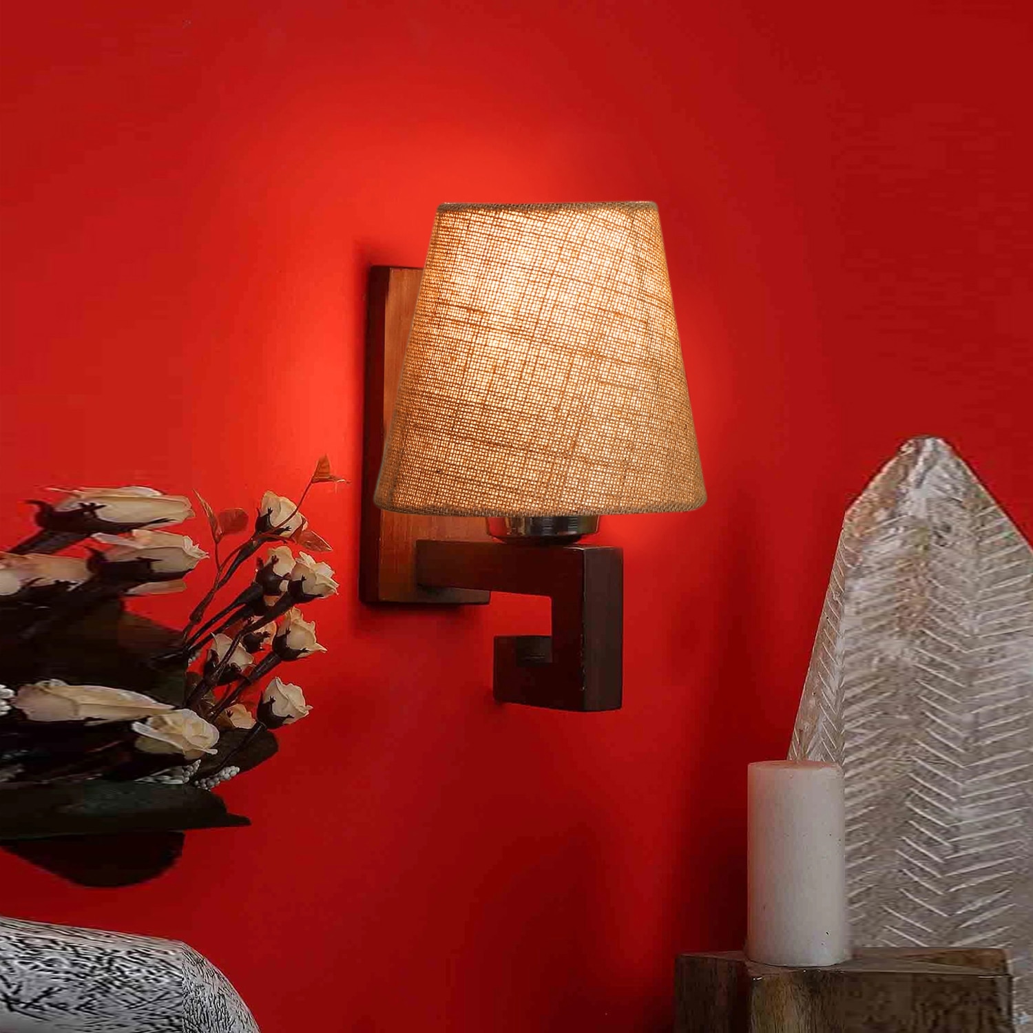 Devansh Solid Wood Electric Wall Light in Beige Colour with Beige Shade Count of 1 Light - Devansh