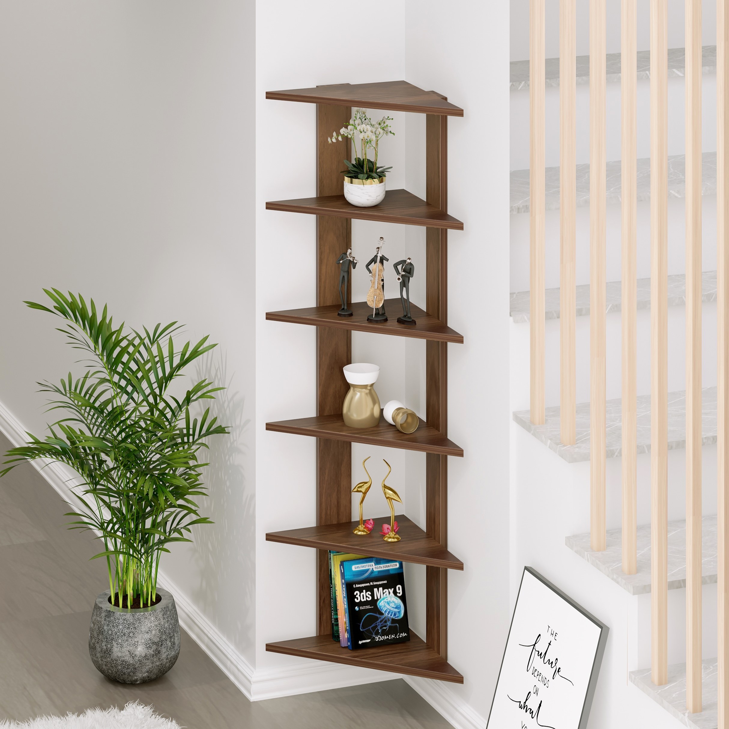 BLUEWUD Braine Engineered Wood Multipurpose Wall Decor Floating & Free Standing Shelf Display Rack Decorative Hall D�cor for Living Room Home Furniture (6 Triangle Shelves) (Brown Maple)