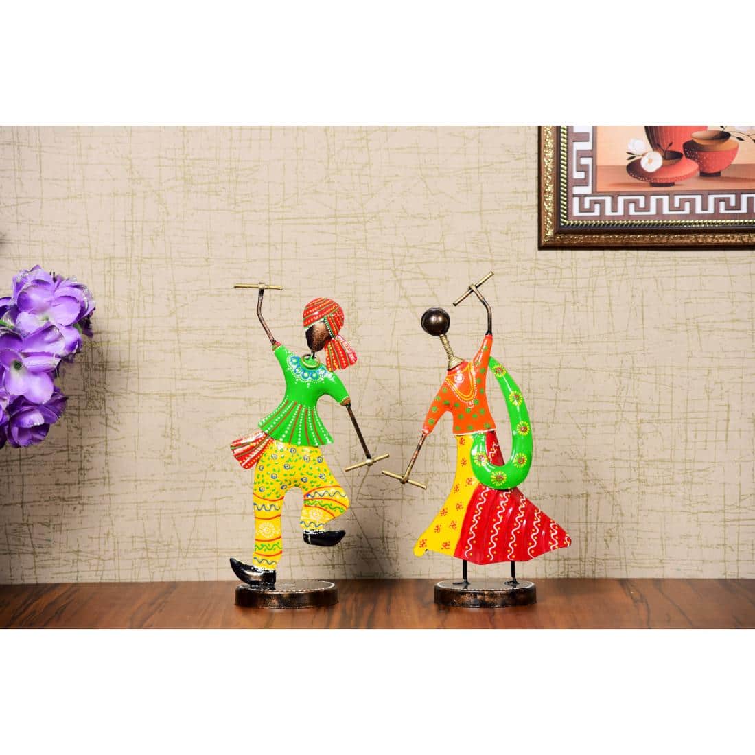 Desert Art Metal Handpainted Dandiya Couple Showpiece Set of 2 in Yellow Colour - Desert Art