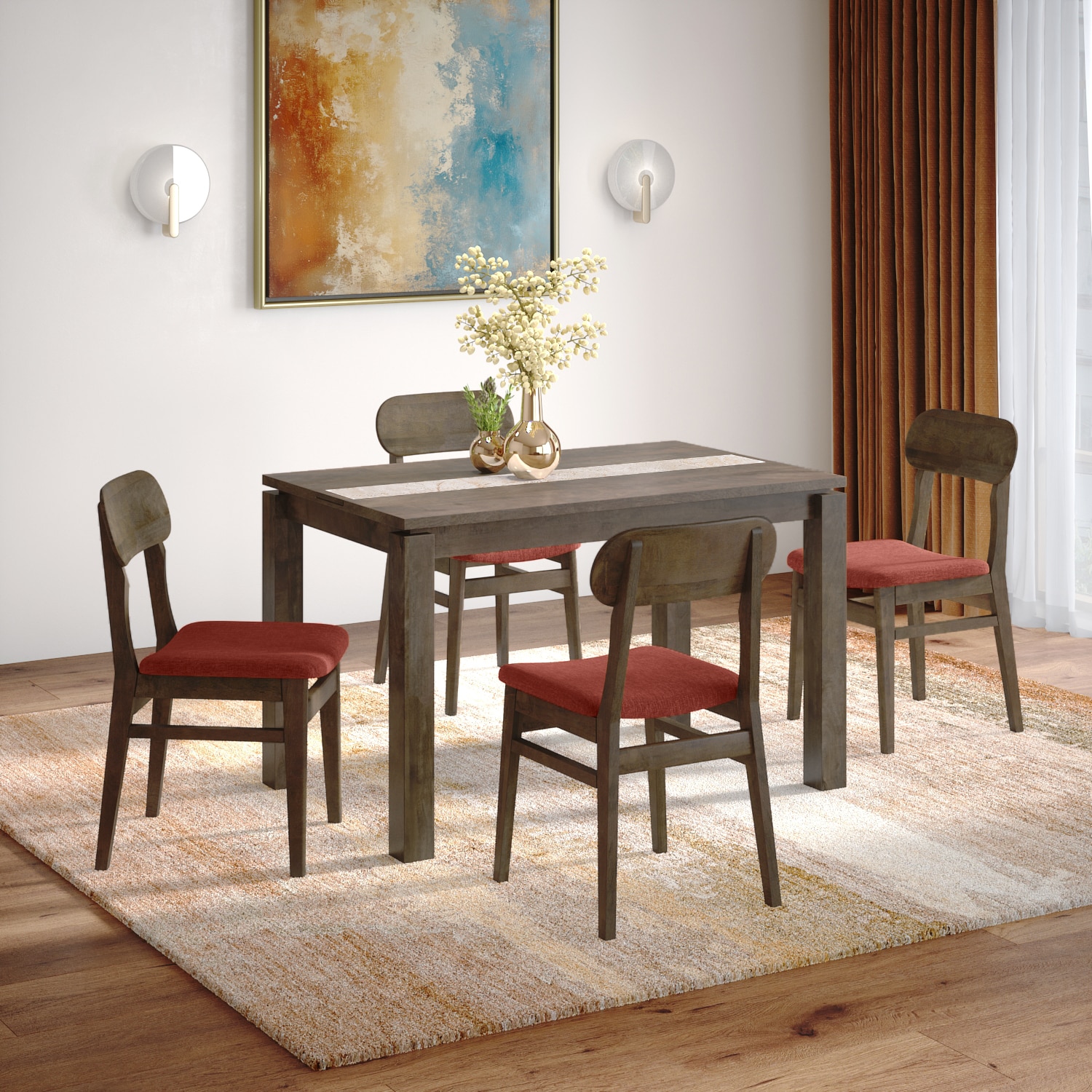 Atlas Crest Storage Solid Wood 4 Seater Dining Table With 4 Lunar Dining Chairs (Finish : Danish Walnut, Chair Colour : Dark Coral)