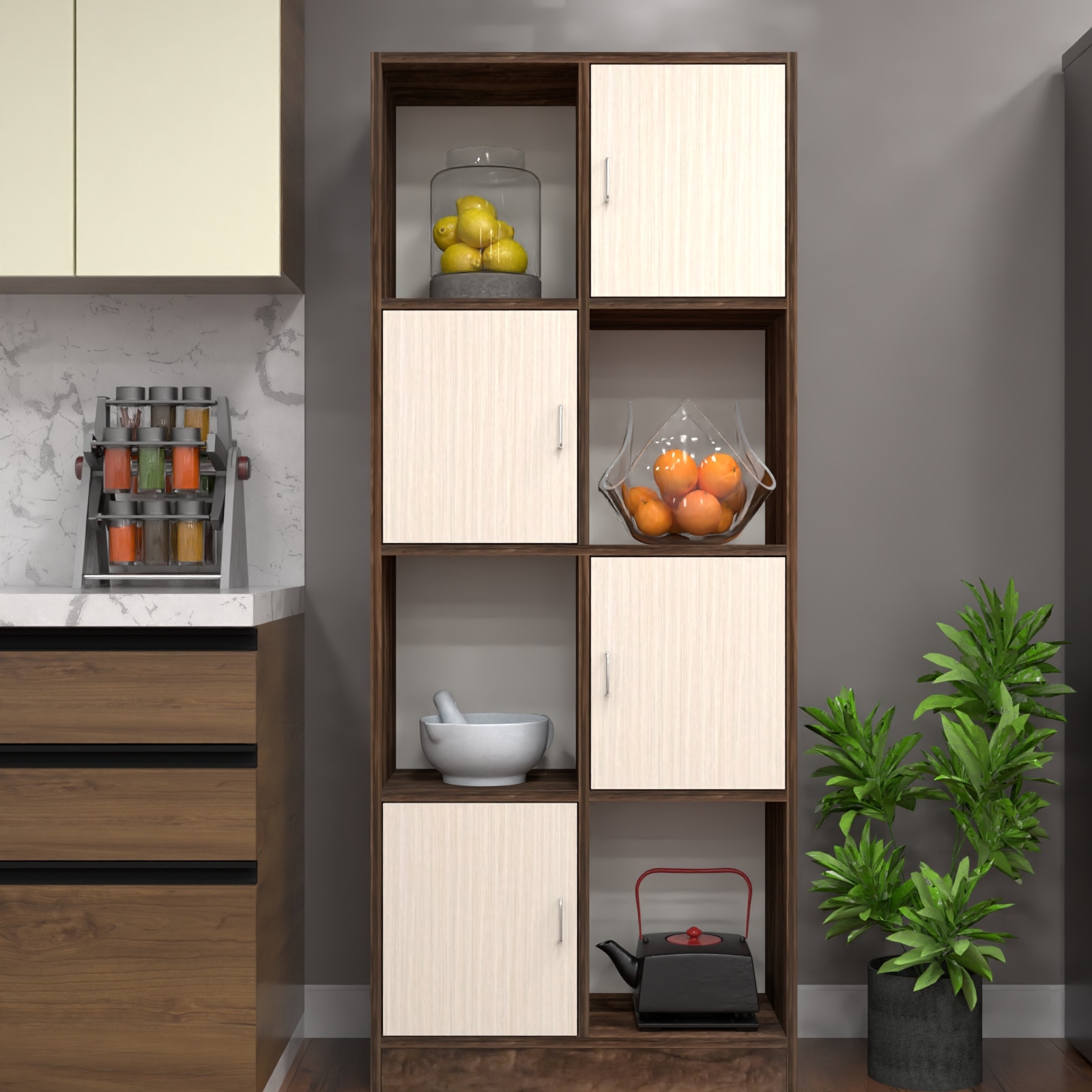8 Shelves Semi Open Multipurpose Matrix Kitchen Cabinet In Highland Pine & Cochwood Brown Finish - Speciality Panels