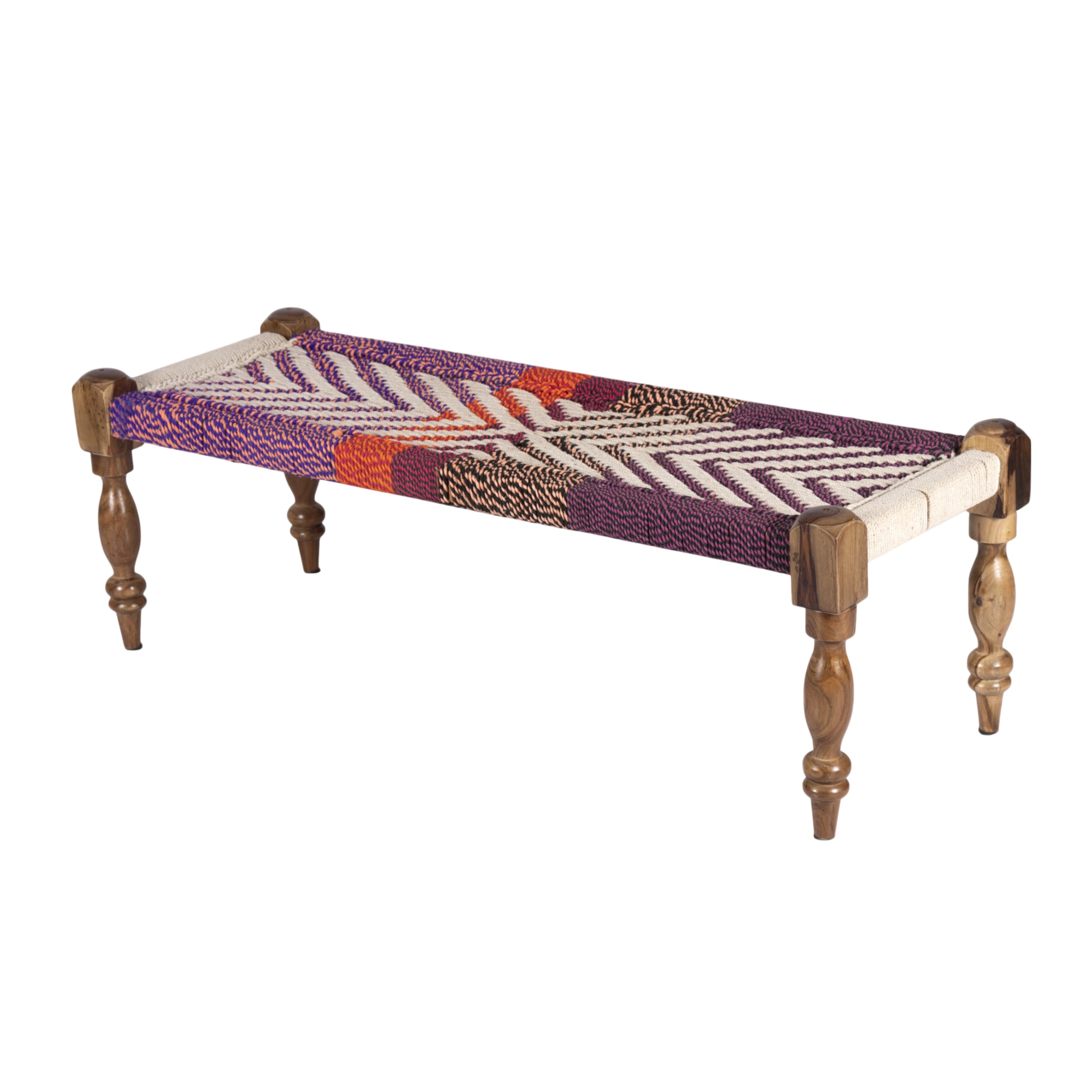 Hamilton Sheesham Wood 2 Seater Maachi Bench In Assorted Multi-Colour Chindi & White Rope Canning