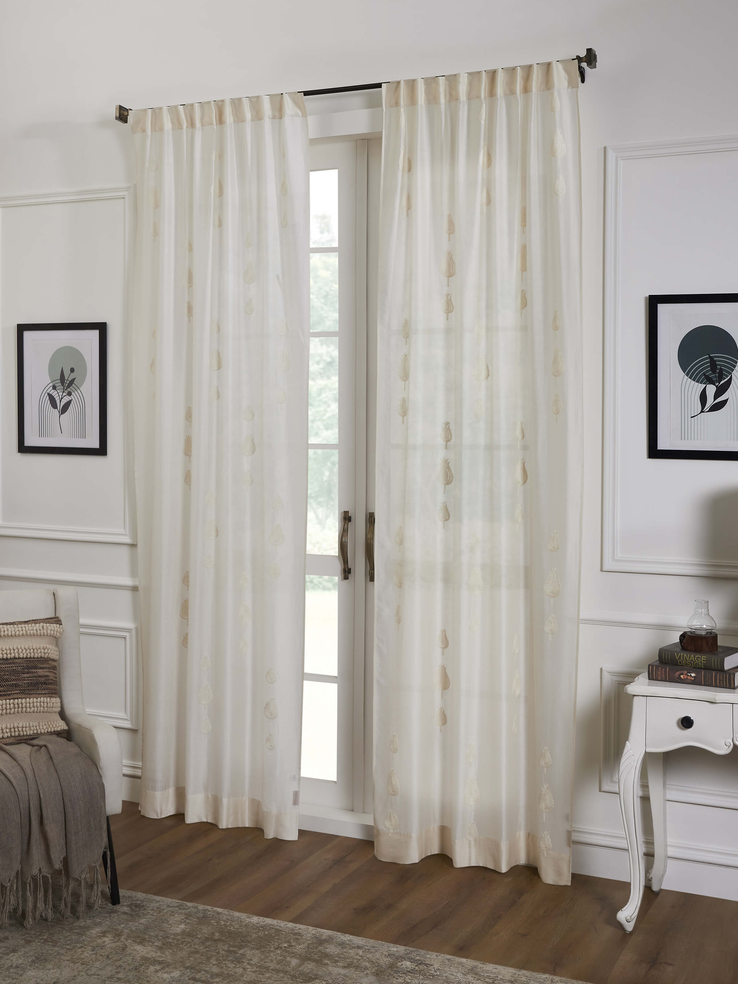 Razza Ivory Tulip Cotton Silk Kashmir Chain Stitch Hand Embroidery Sheer Curtain