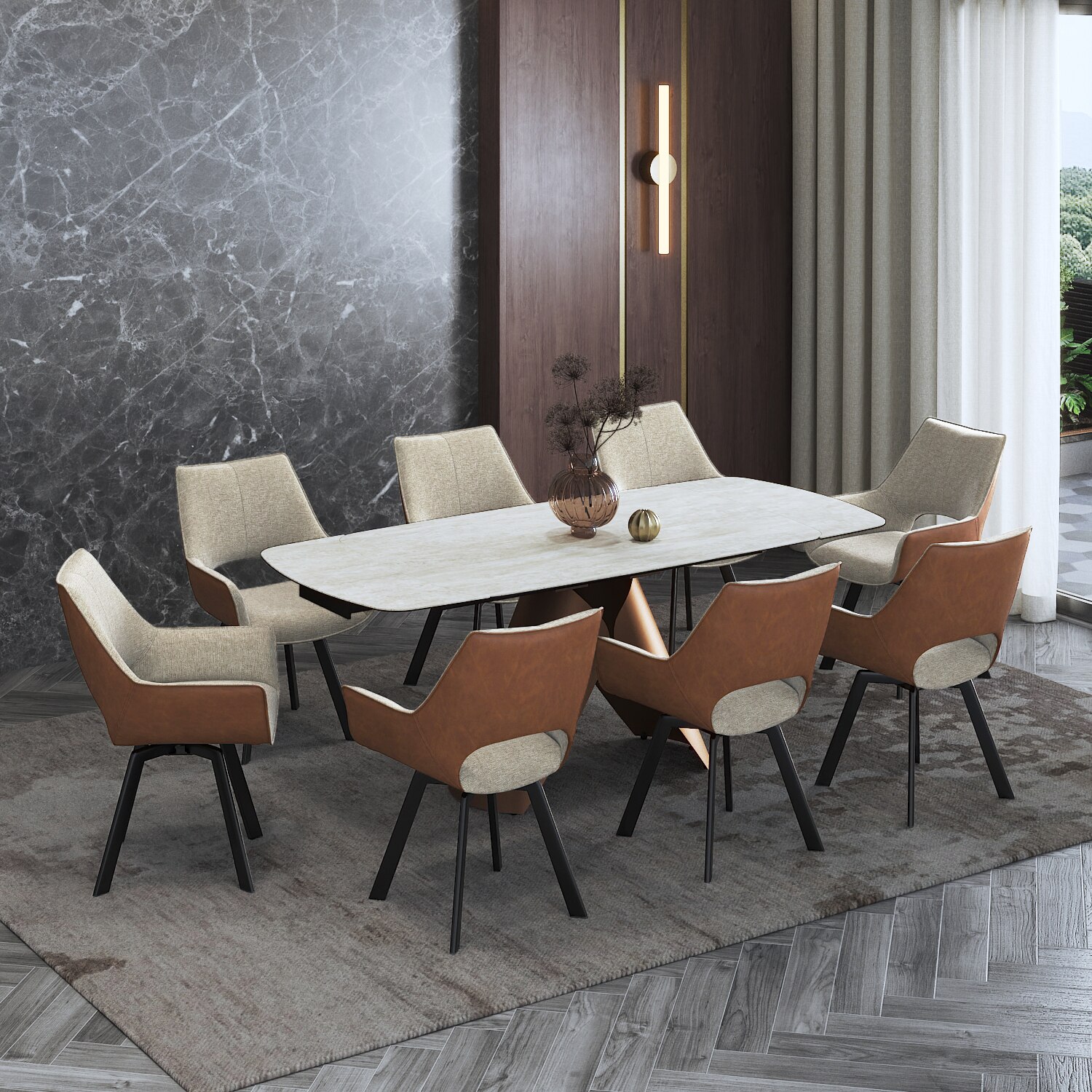 Aeris Ceramic 6 to 8 Seater Extendable Dining Table With Casey Dining Chair