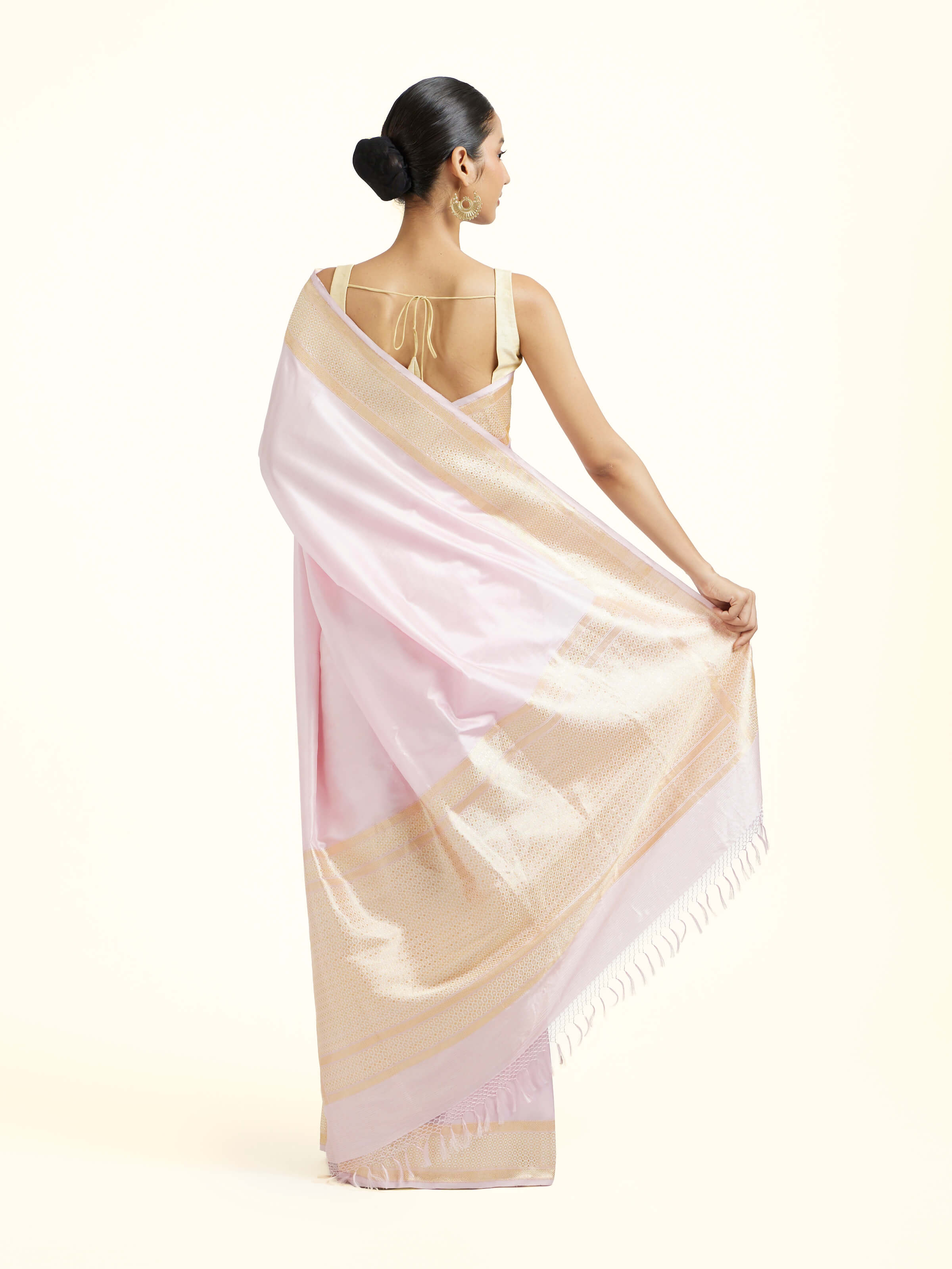 Cream Pink Mulberry Katan Silk Banarasi Saree