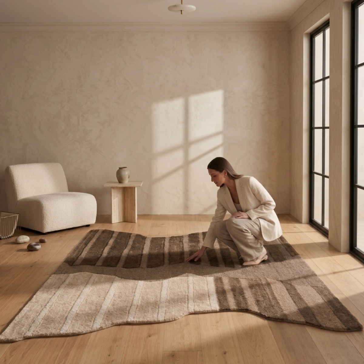 Handmade Wool Shaped Rug Modern Abstract Brown Beige 10 x 14 Feet Carpet - NEU LOOMS
