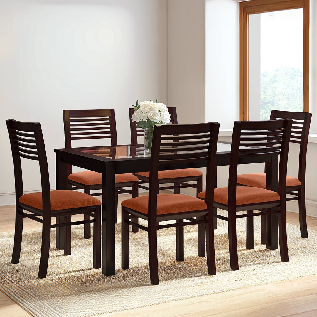 Floyd 6 Seater Dining Table Glass Top With 6 Zella Dining Chairs (Finish : Mahogany, Chair Colour : Burnt Orange) - Urban Ladder