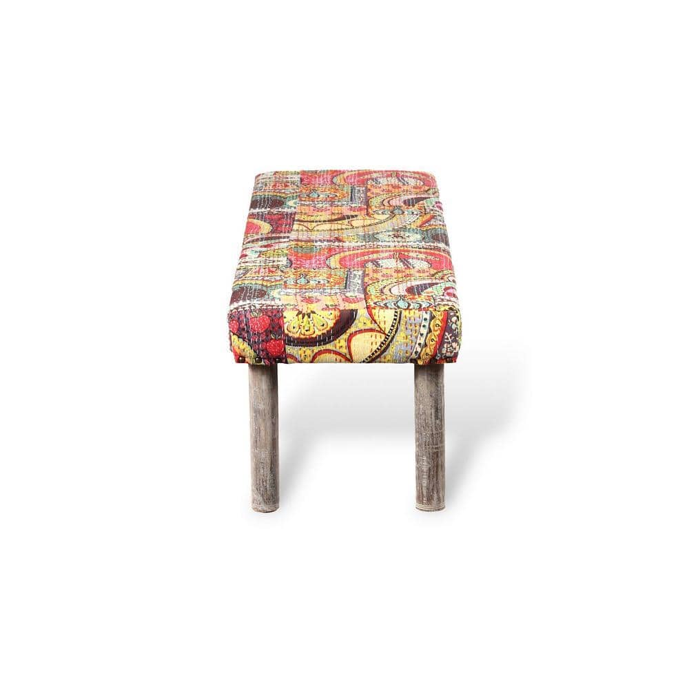 Asteria Solid Wood 2 Seater Bench Set With 2 Stools In Multi Colour Israel Print Kantha Fabric