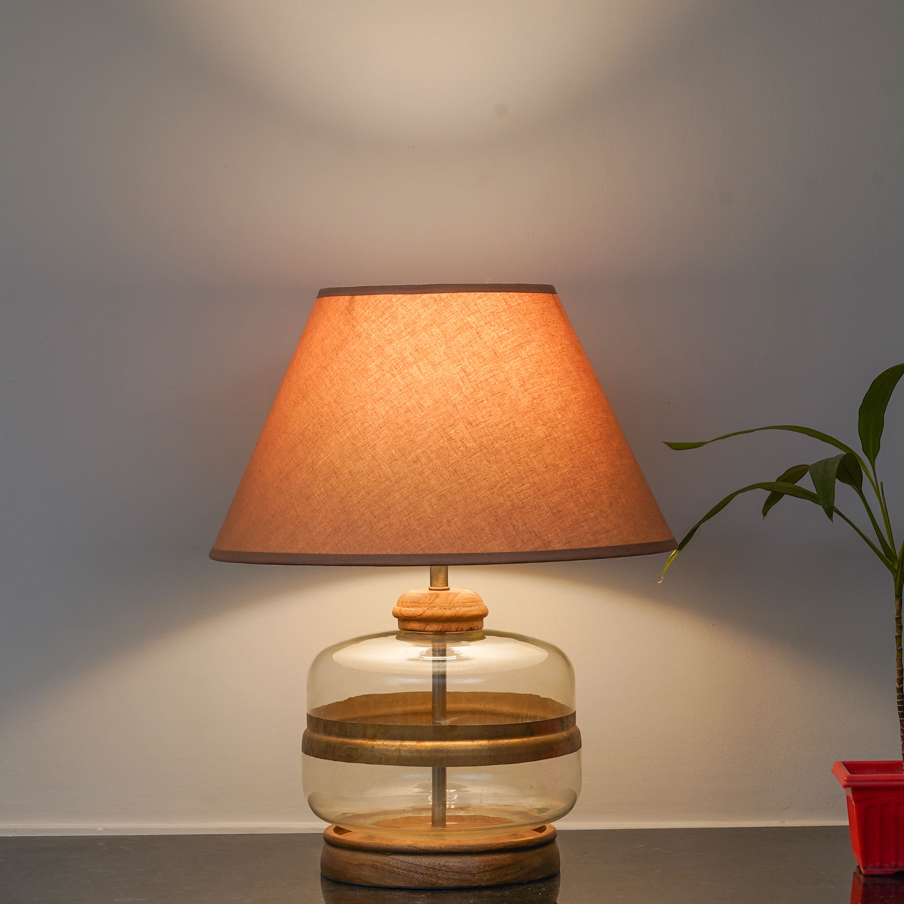 VARELLO Clear Glass Table Lamp with Gold Accent and Wood Base Beige Shade