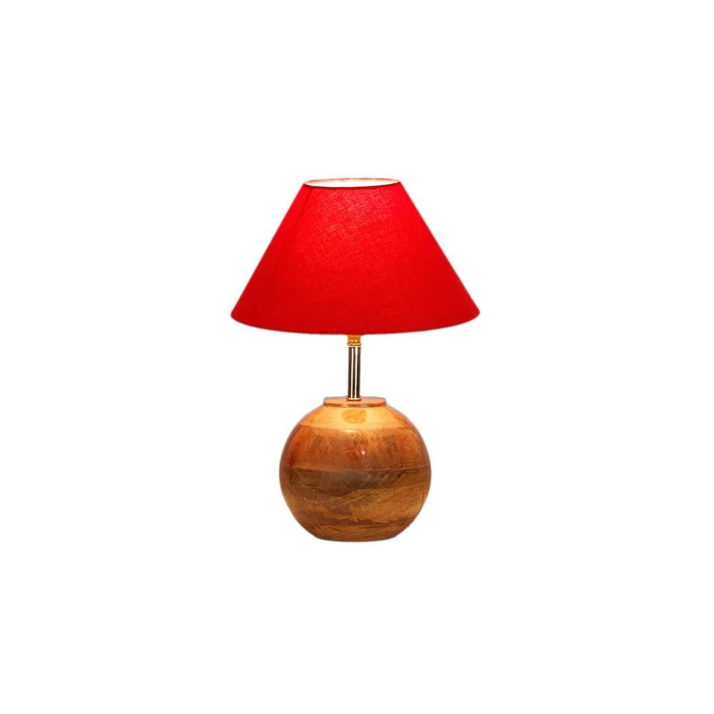 Red cotton with Natural Wood Table Lamp