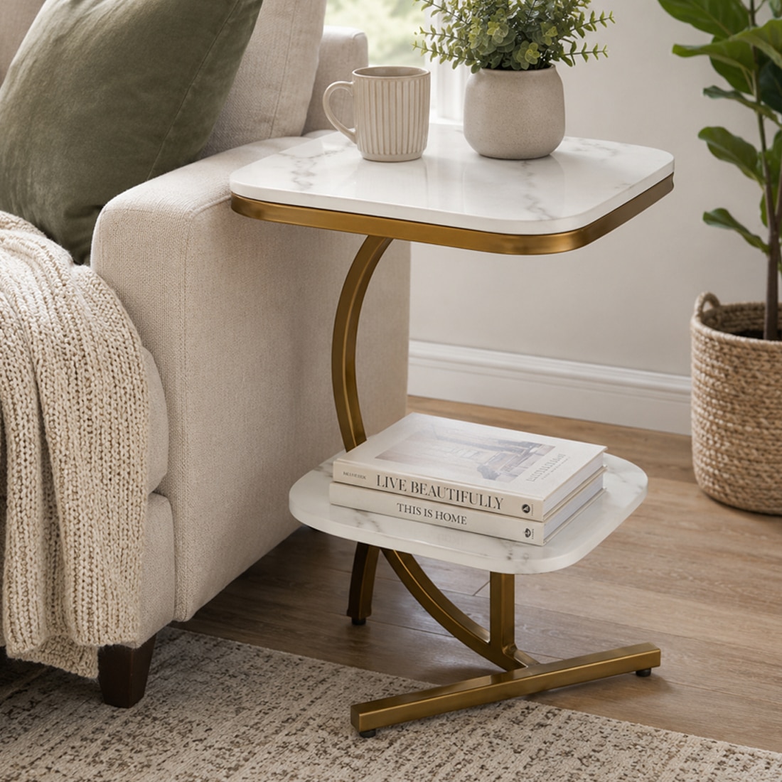 Mettura White Porcelain Top End Table Gold Finish - Bhavya Exports