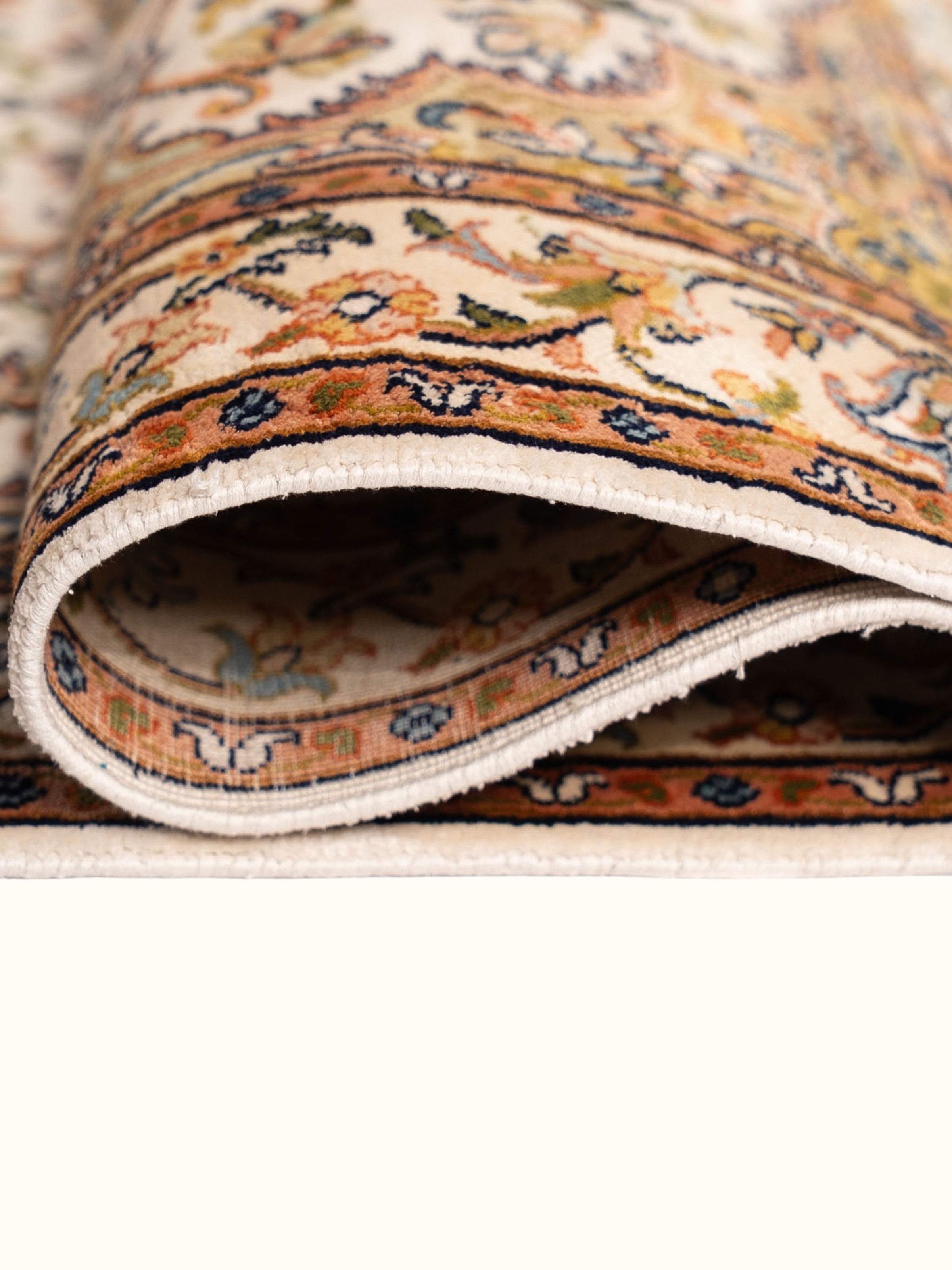 Traditional Kashan Ivory Kashmir Silk Hand-Knotted Carpet