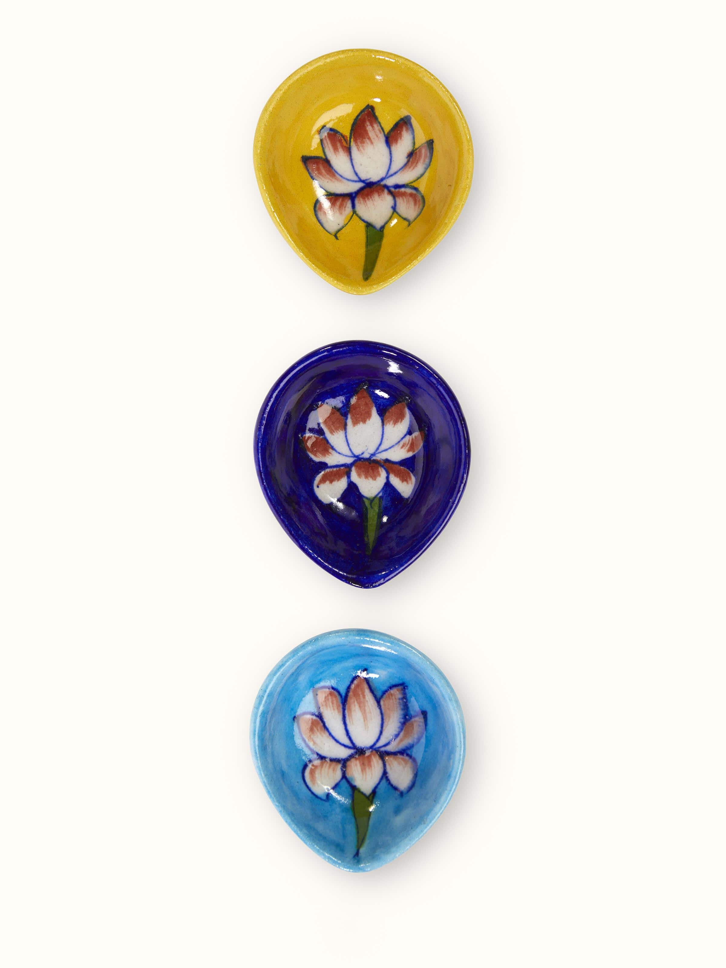 Side view of Blue Pottery Ceramic Diyas (3 pcs) showing their depth and decorative patterns.