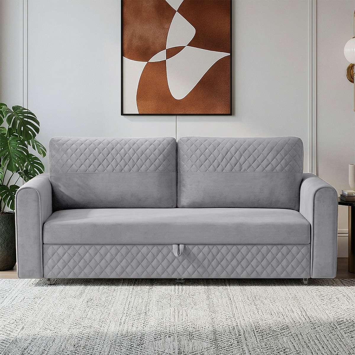 Baruna 3 Seater Velvet Pull Out Sofa Cum Bed with Storage In Grey Color - Home Lifestylez