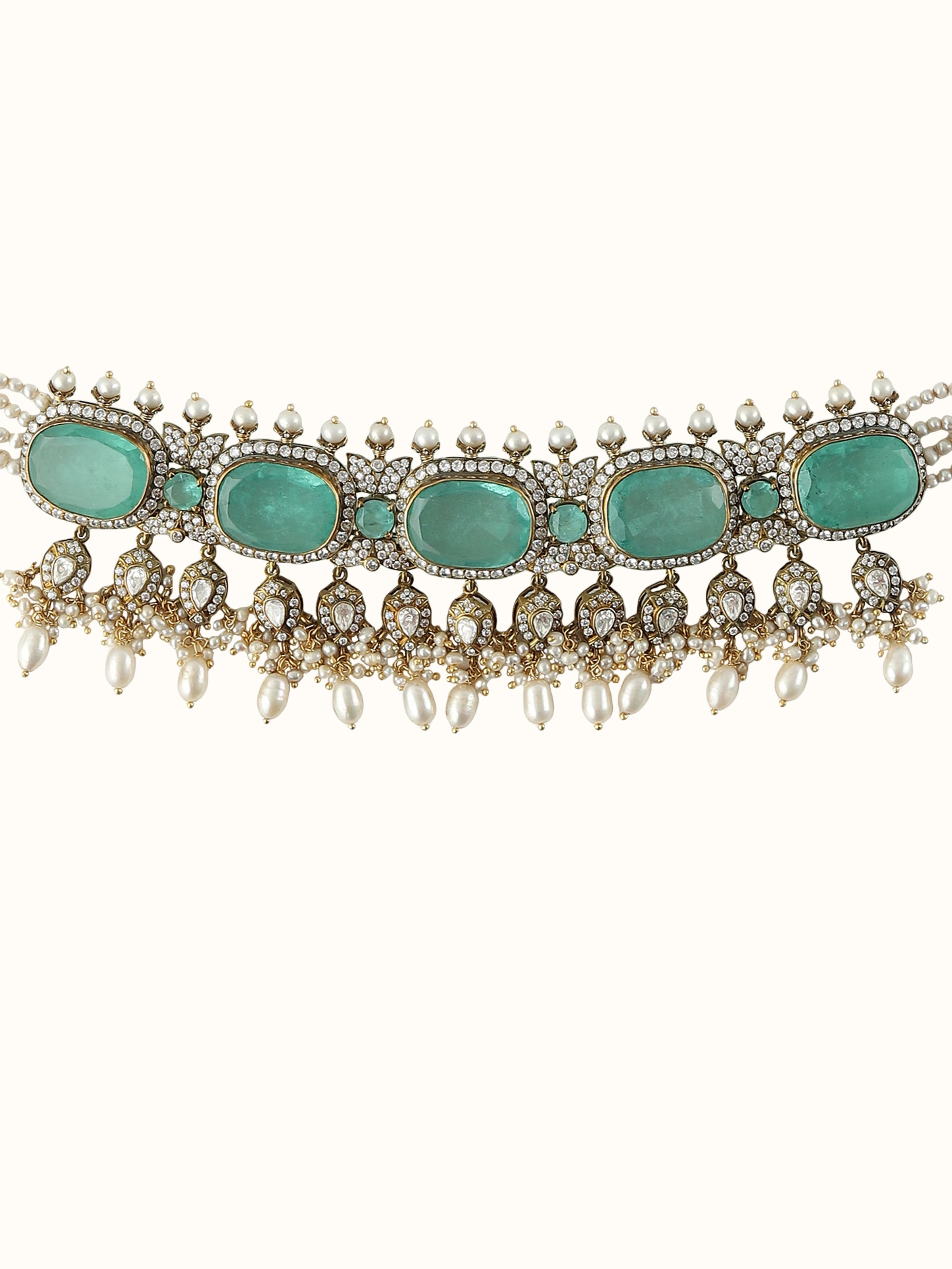 Detailed close-up of choker’s motif elements with etched surface and oxidized texture.