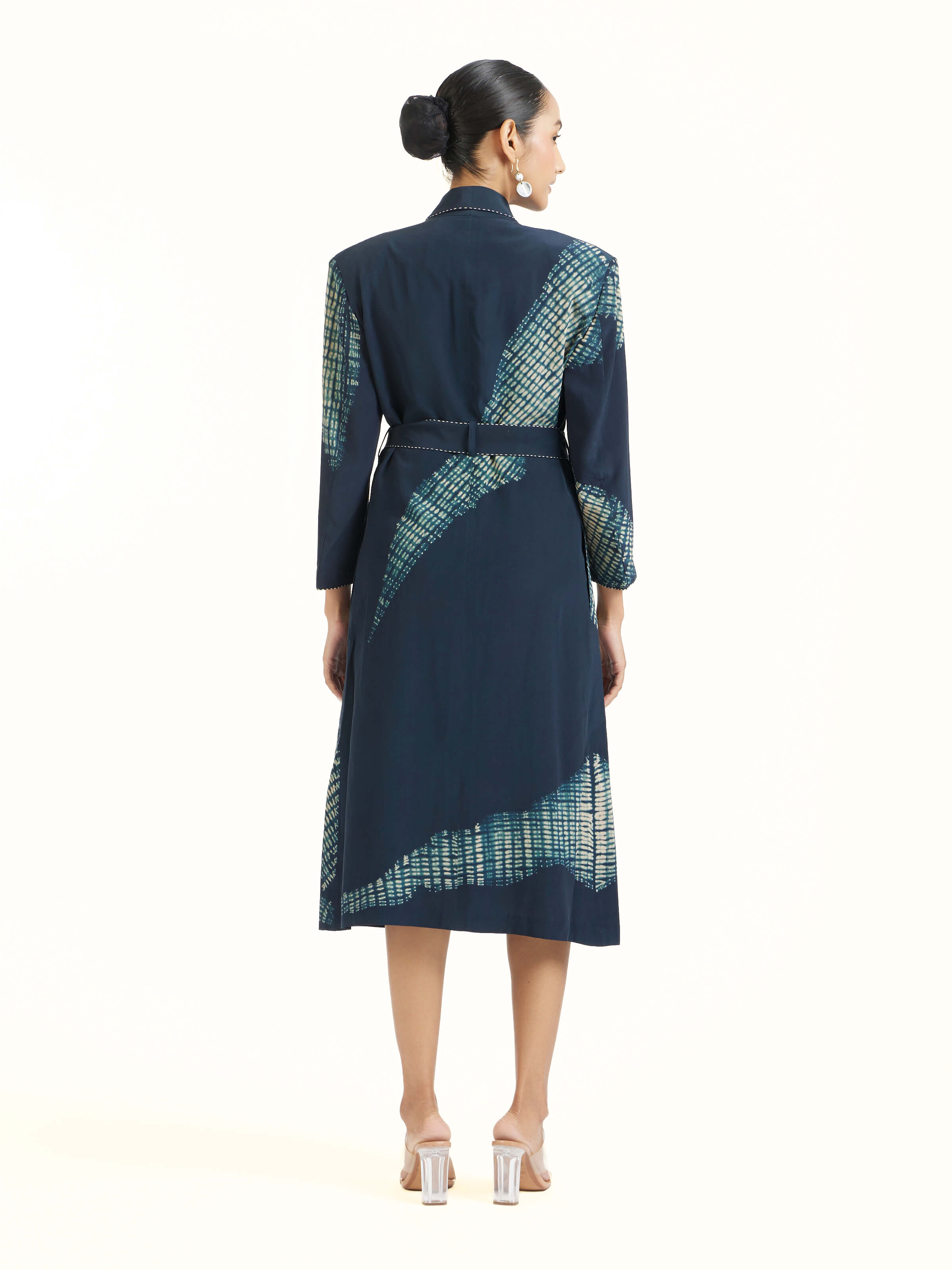 Back view of blue shibori jacket dress displaying relaxed fit