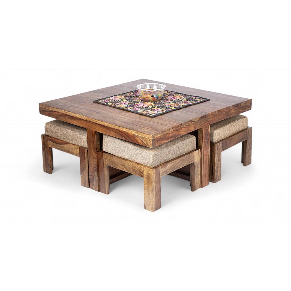 Blane Sheesham Wood 4 Seater Coffee Table Set In Teak Finish