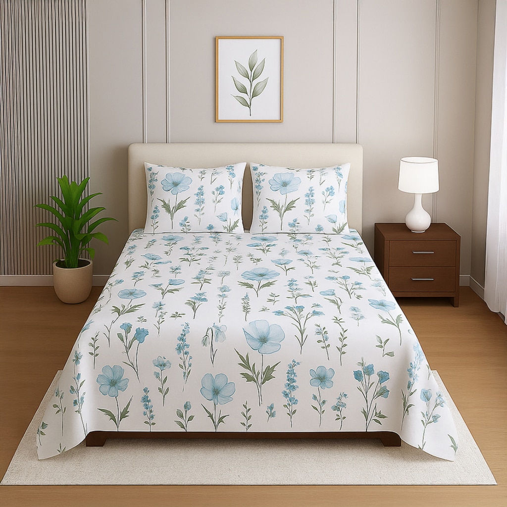 White Floral 400 TC Cotton Flat Single Bed Size Bedsheet With 2 Pillow Cover From Threads