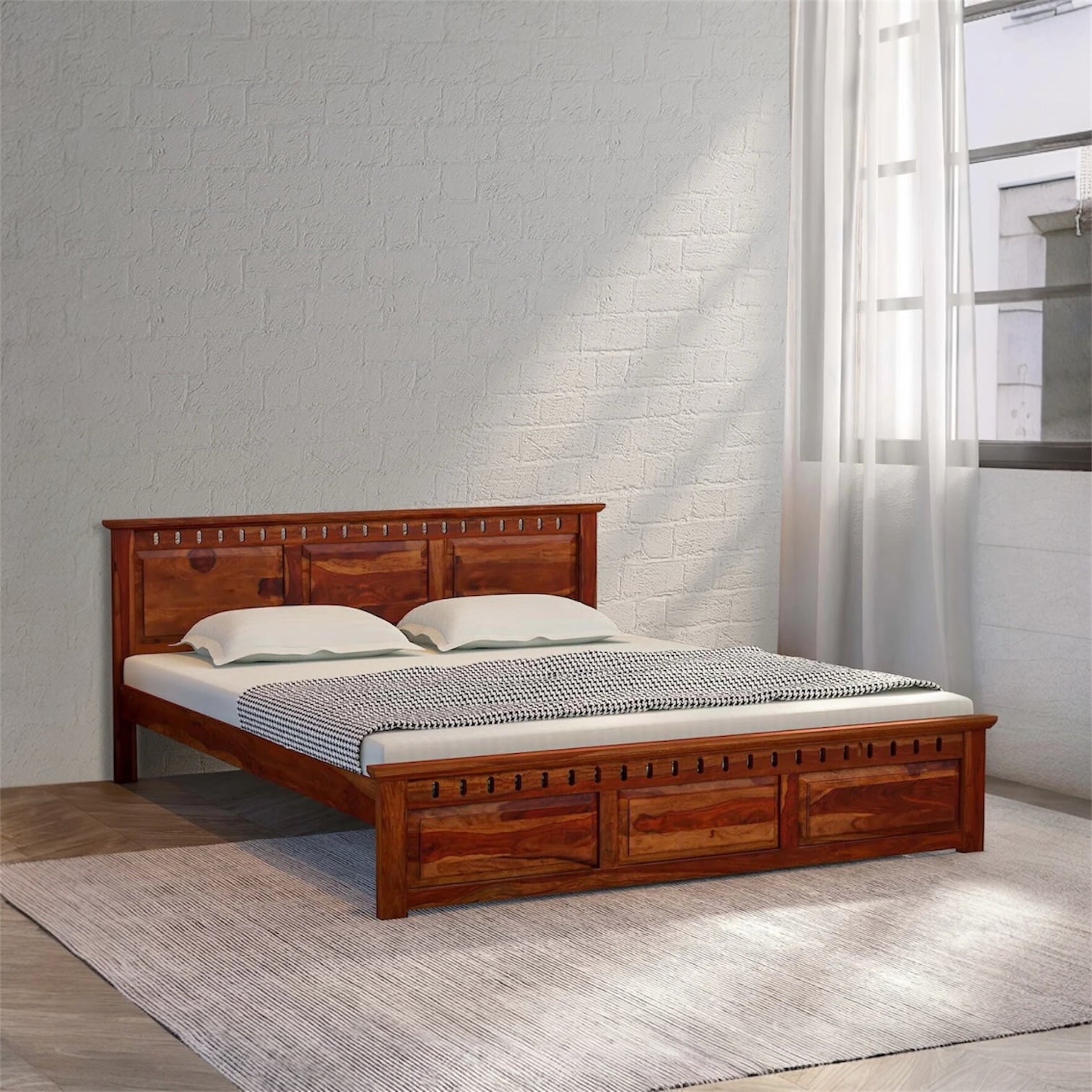 Zvya Solid Wood King  Size Bed Without Storage (Honey Finish) - Interior Valley