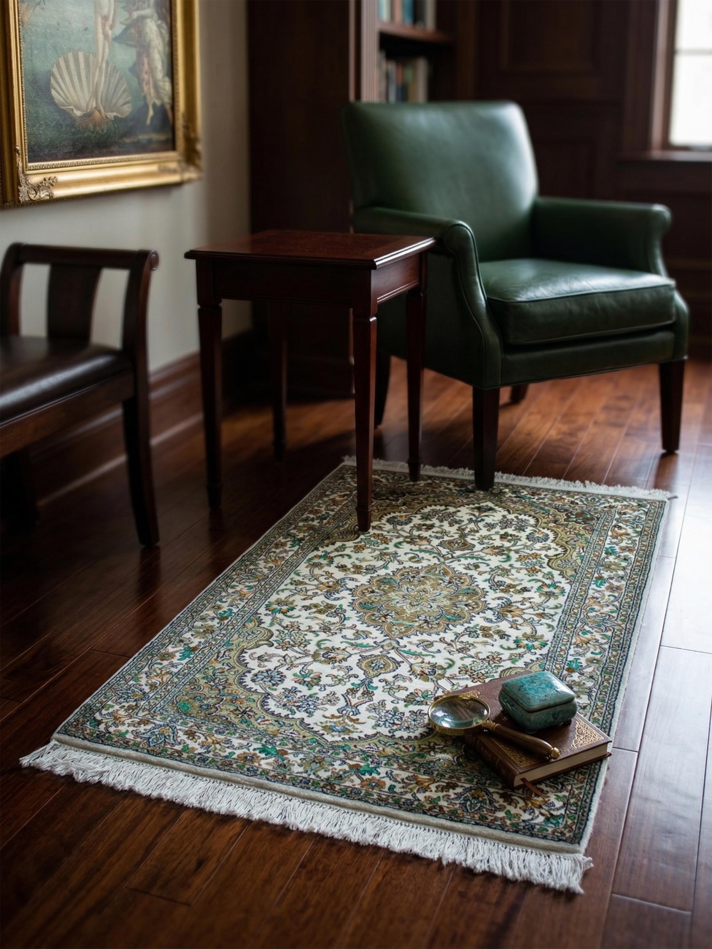 Lifestyle view of the Traditional Persian Ivory Green Kashan Kashmir Silk Hand-Knotted Carpet