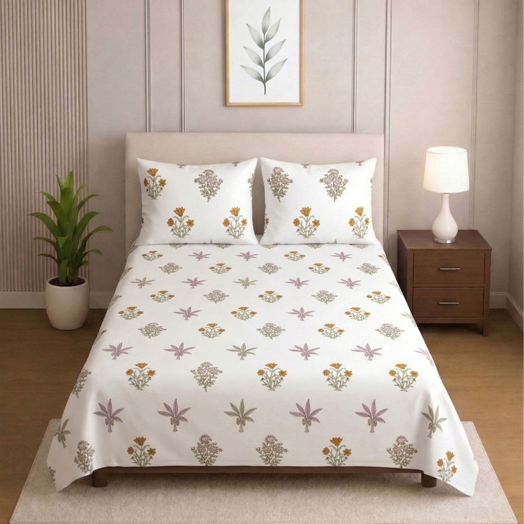 Faye White Floral 400 TC Cotton Flat Single Size Bedsheet with 2 Pillow Covers – Threads - Threads