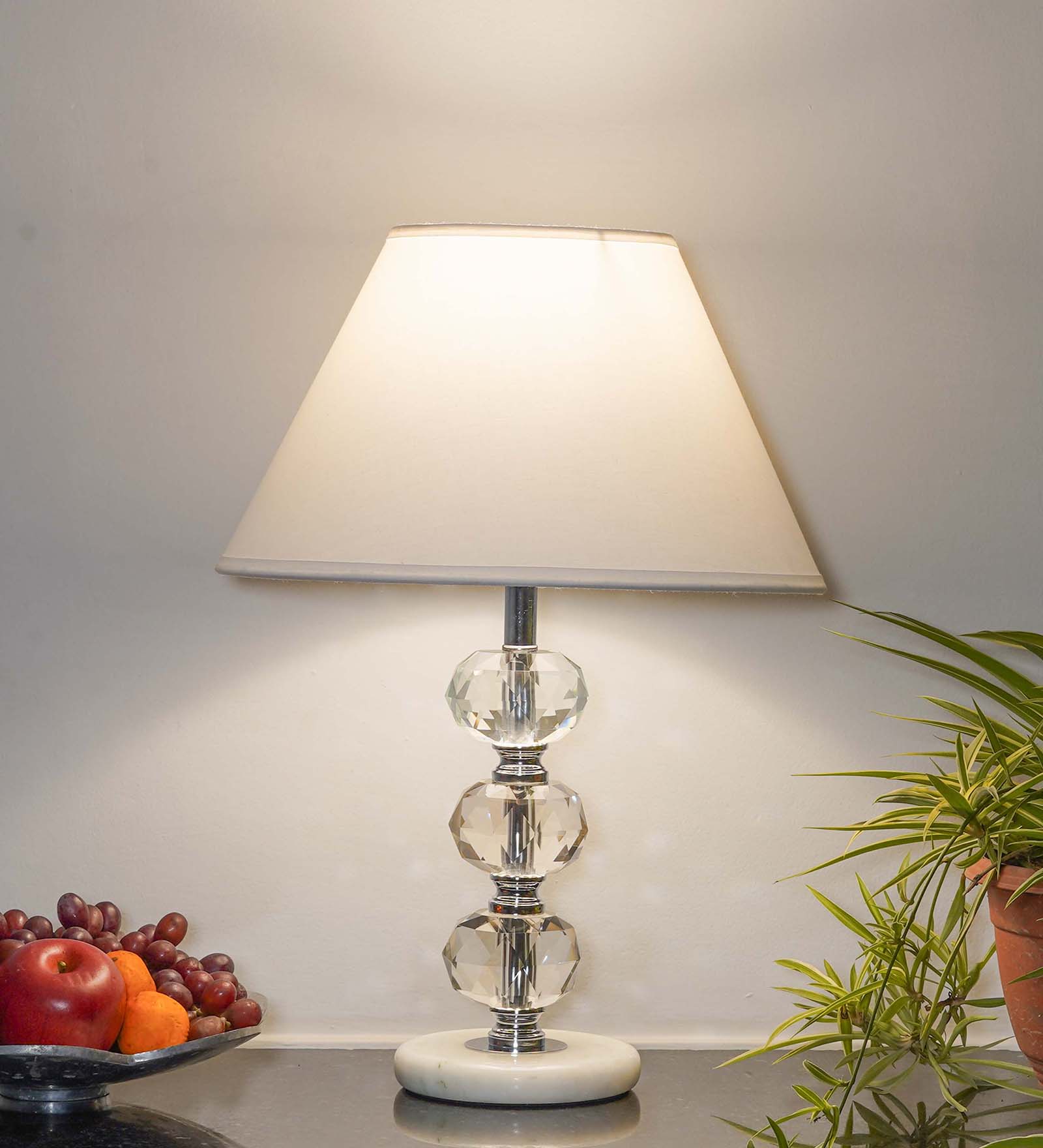 Aspley Chrome Finish Metal Clear Crystal Glass And White Marble Table Lamp With White Cotton Shade