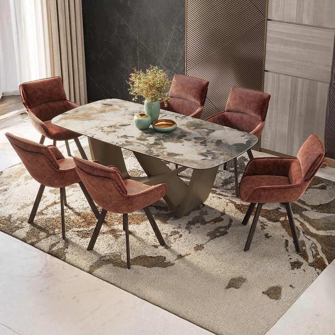 Paloma 6 Seater Dining Table With Set Of 6 Bren Swivel Chairs (Colour- Auburn, Finish- Spanish Ceramic)