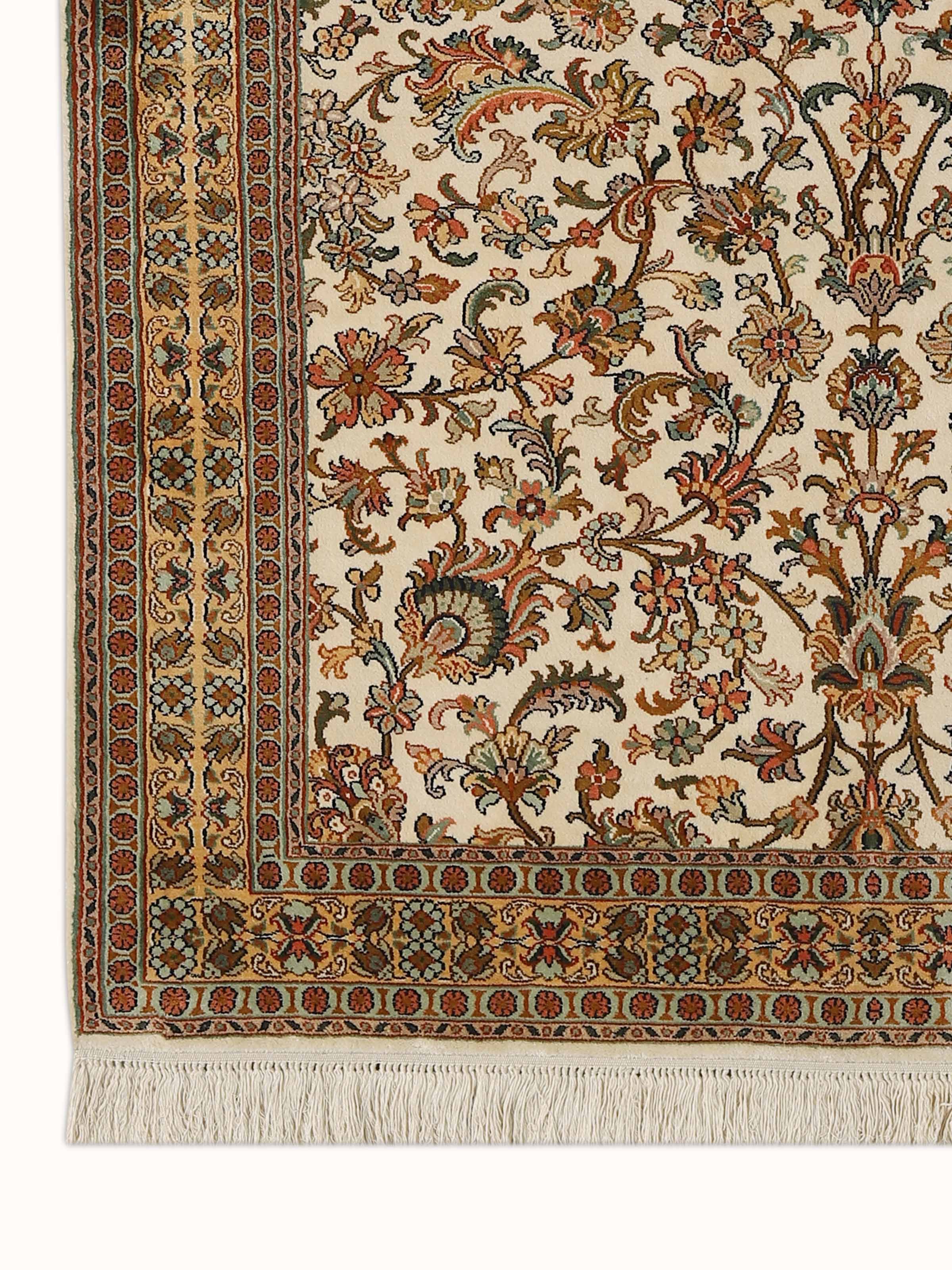 Traditional Persian Ivory Tabriz Kashmir Silk Hand-Knotted Carpet