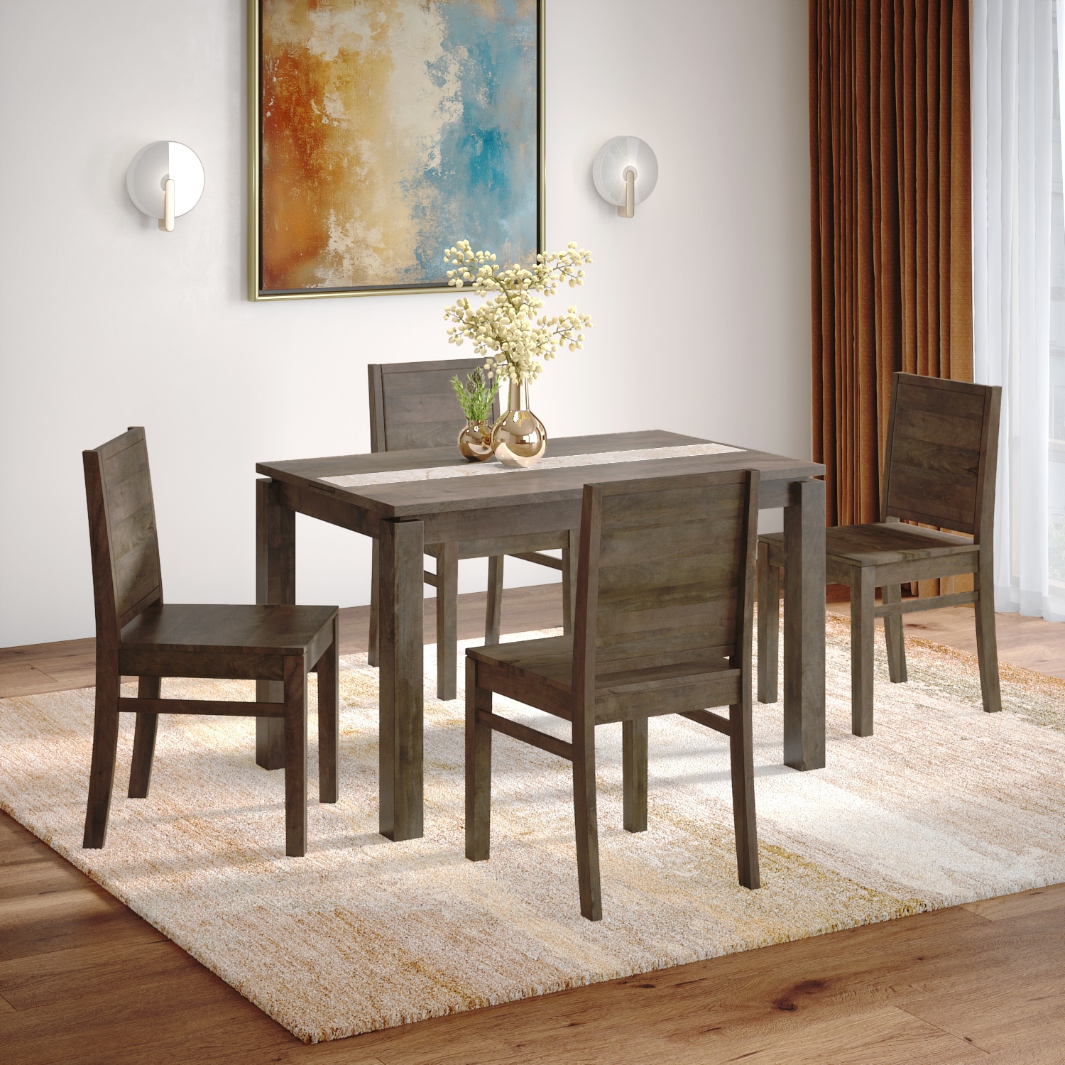 Atlas Crest Storage Solid Wood 4 Seater Dining Table With 4 Atlas Wooden Seat Dining Chairs (Finish : Danish Walnut, Chair Colour : Walnut)