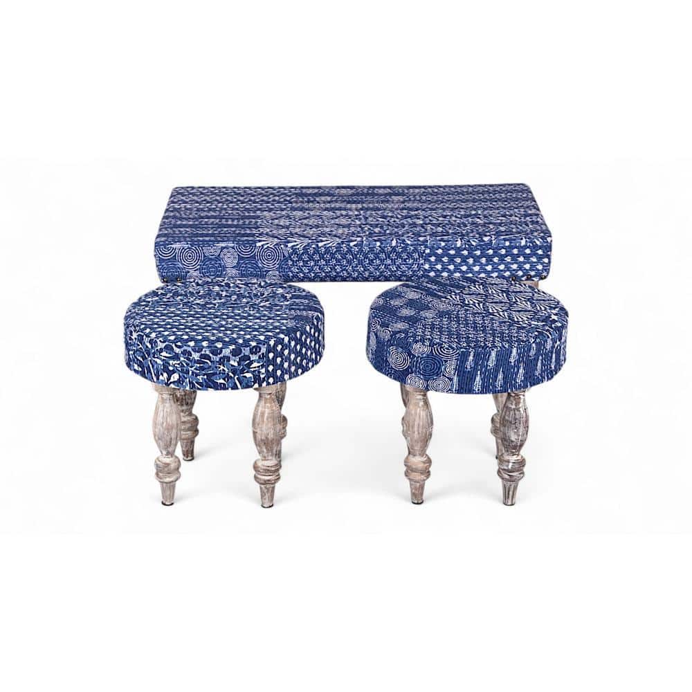 Bestone Sheesham Wood Mid Century Seater Bench Set  2 Stools In Indigo Patchwork Kantha