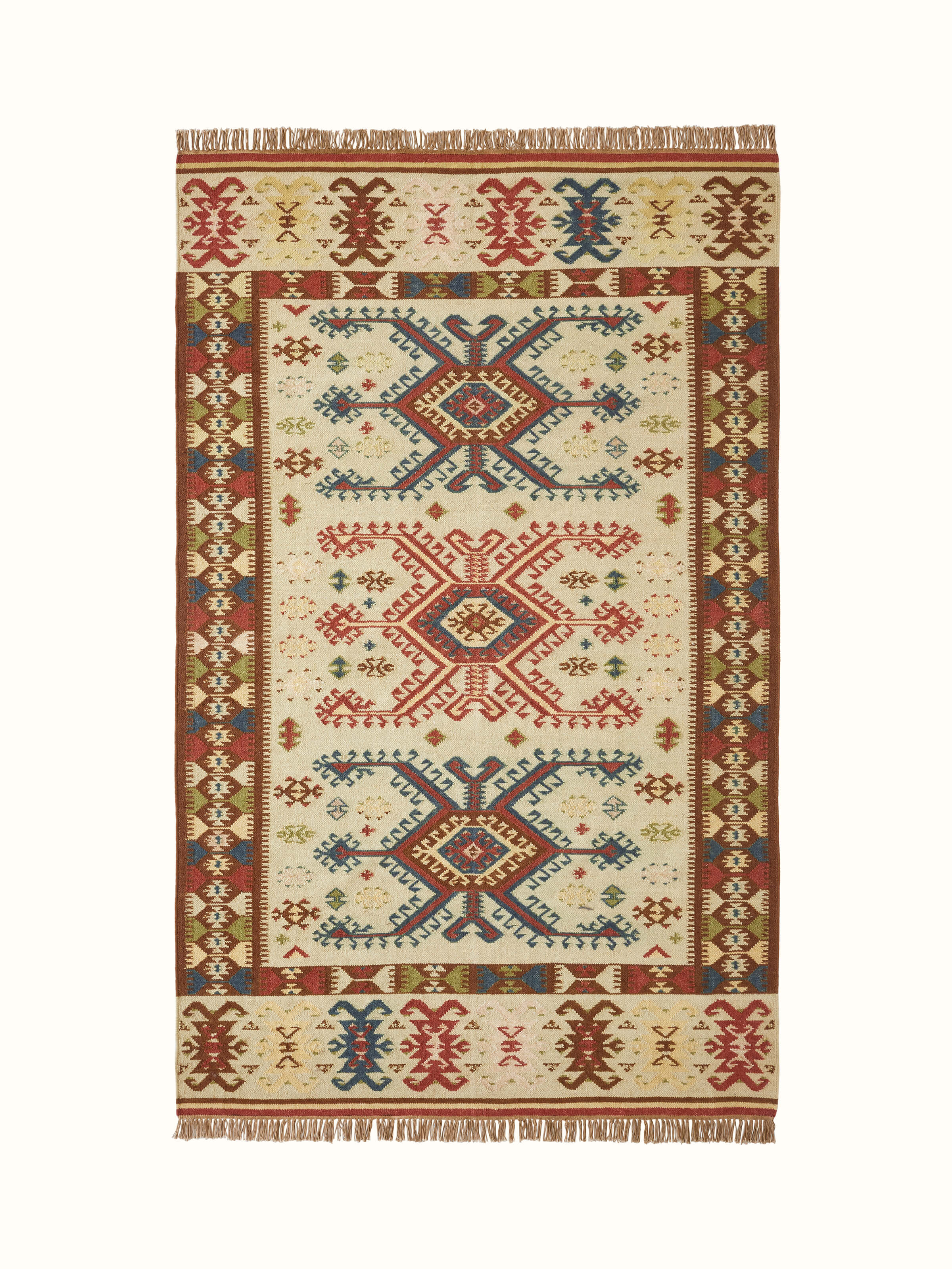 Full view of Traditional kilim beige salawas wool & cotton panja dhurrie, showcasing its intricate design and color.