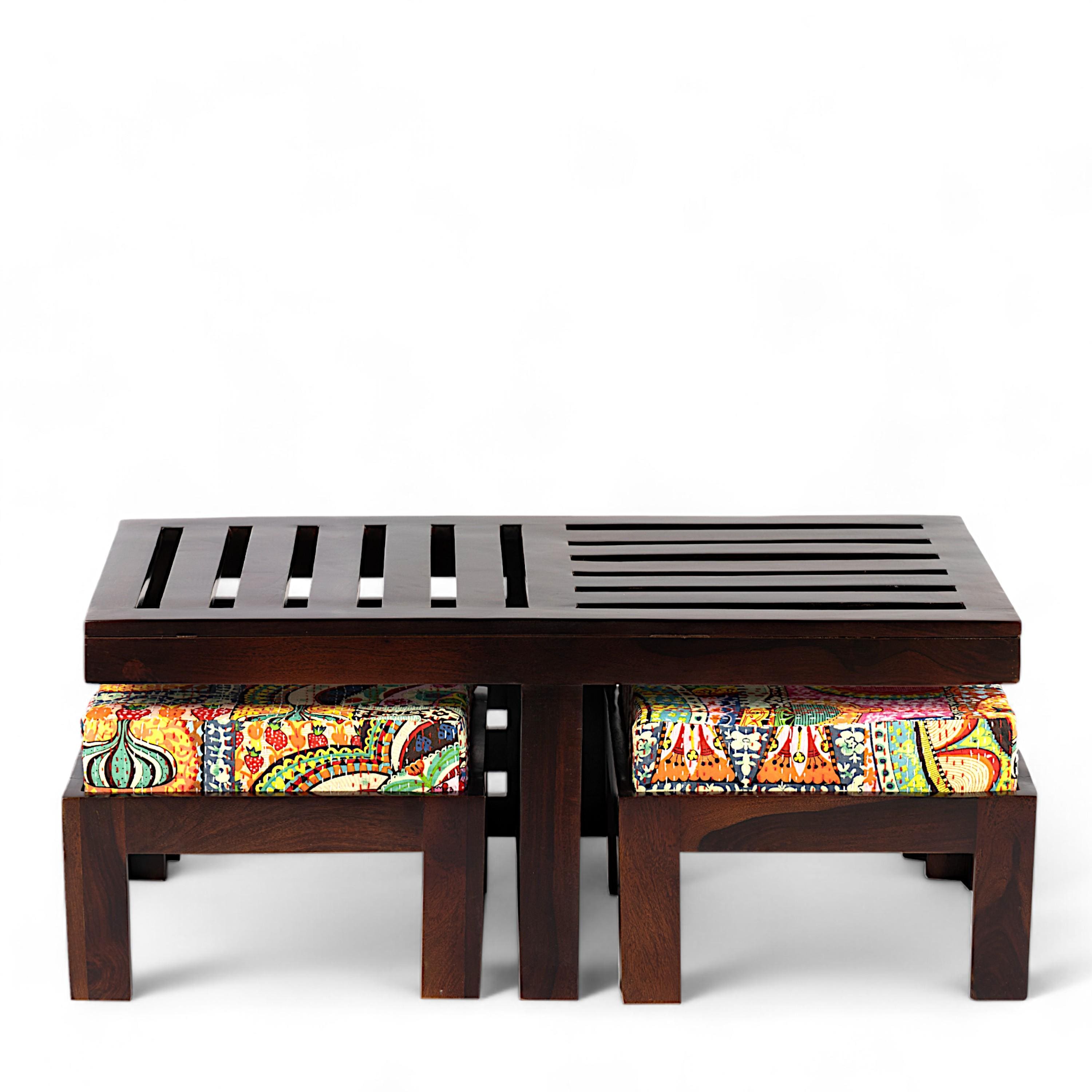 Irish Sheesham Wood Bohemian Coffee Table Set With 2 Stools In Dark Walnut Finish With Israel Print Patchwork Kantha Cushions