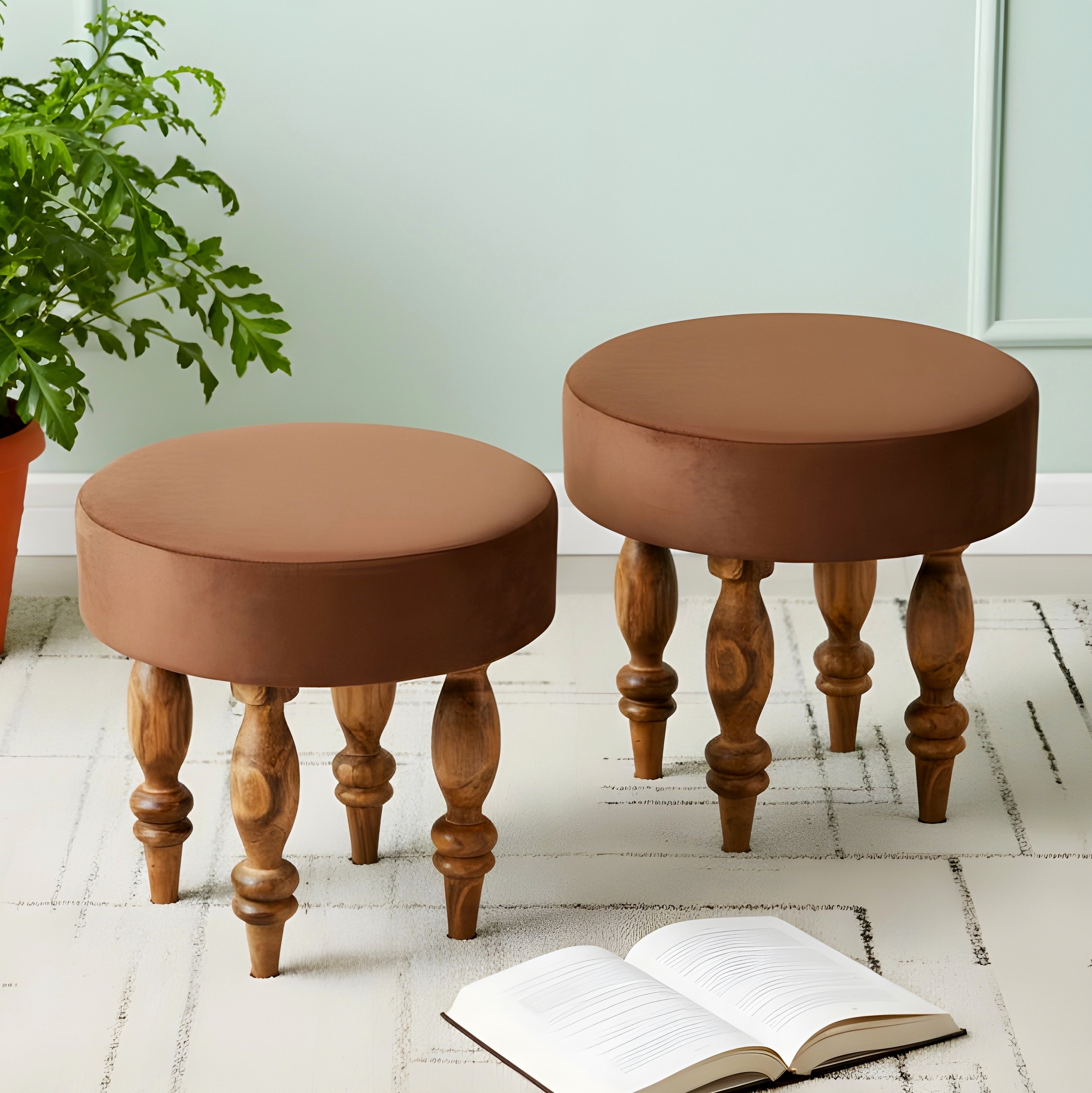 Roswell Sheesham Wood   Round Set of 2 Stools in Taupe Brown Velvet Upholstery - Ikiriya