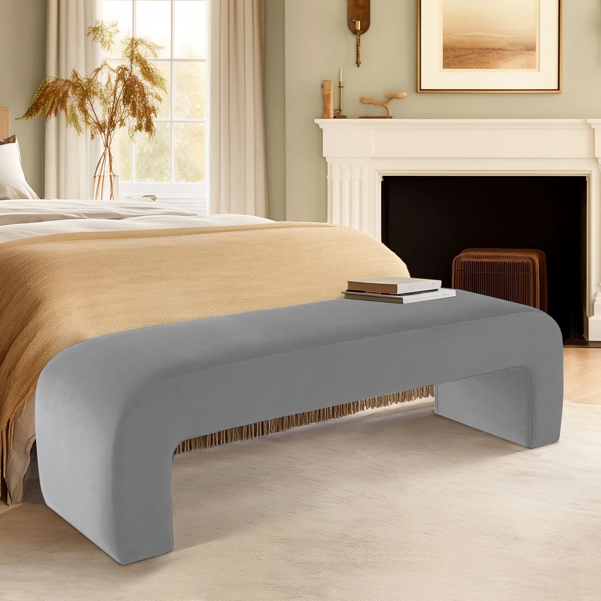 Floran Velvet 2 Seater Ottoman Bench in Grey  Color
