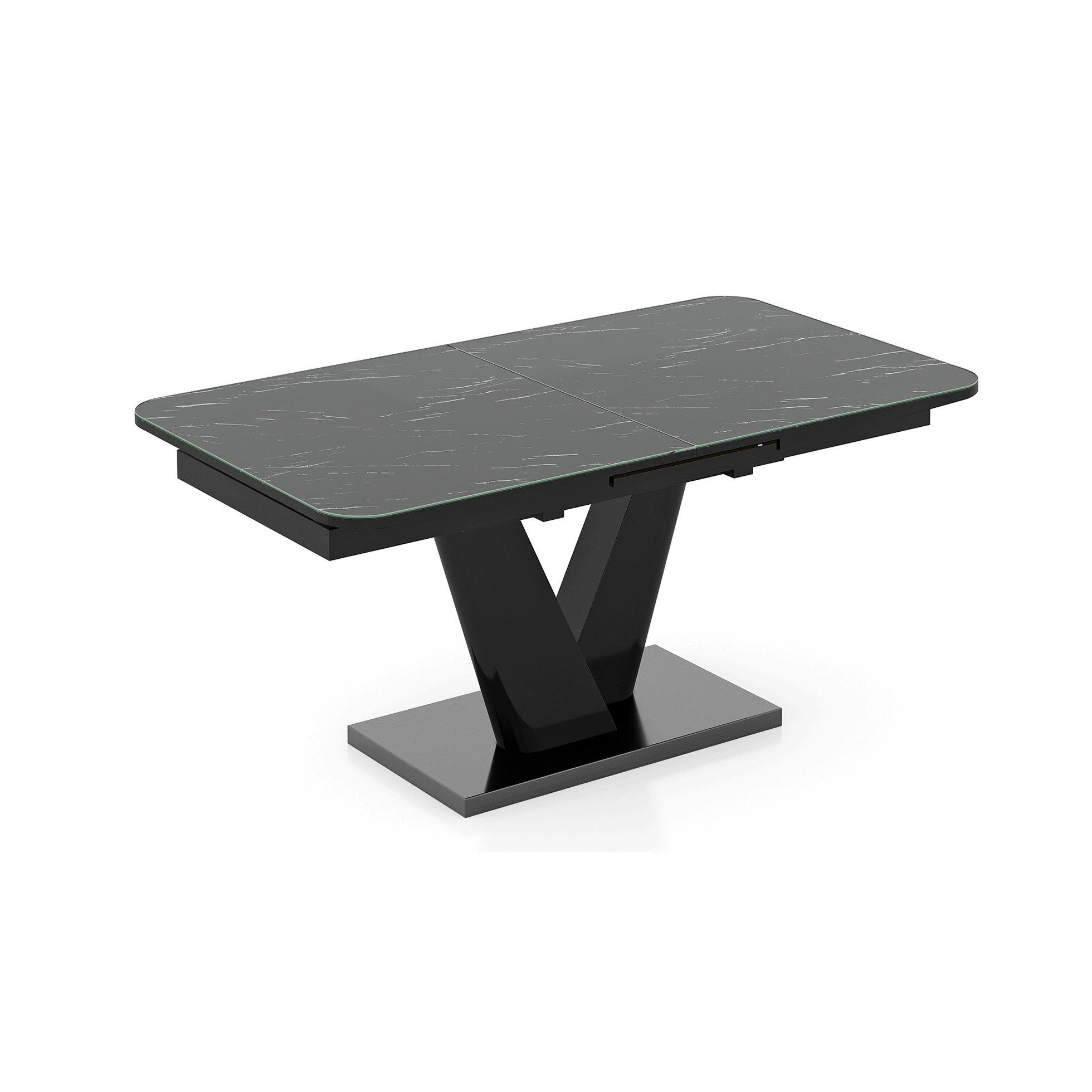 Caribu 6 to 8 Extendable Dining Table, Finish-Black marble color High Gloss with Set of 6 Casey Swivel Dining Chair in Dual Tone