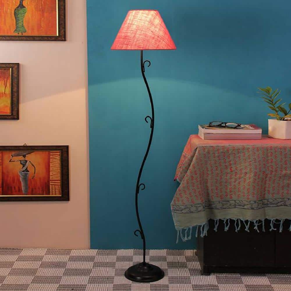 Lisandro Pink Natural Fiber Floor Lamp with Black Iron Base