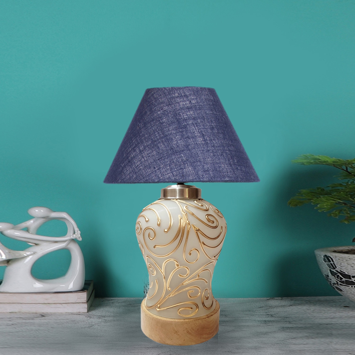 Devansh Conical Blue Jute Shade Lamp With Wood & Mosaic Glass Base For Decoration /Office/Home/Gifting/Study For Decoration /Office/Home/Gifting/Study -(10X10X14.5) Inches -